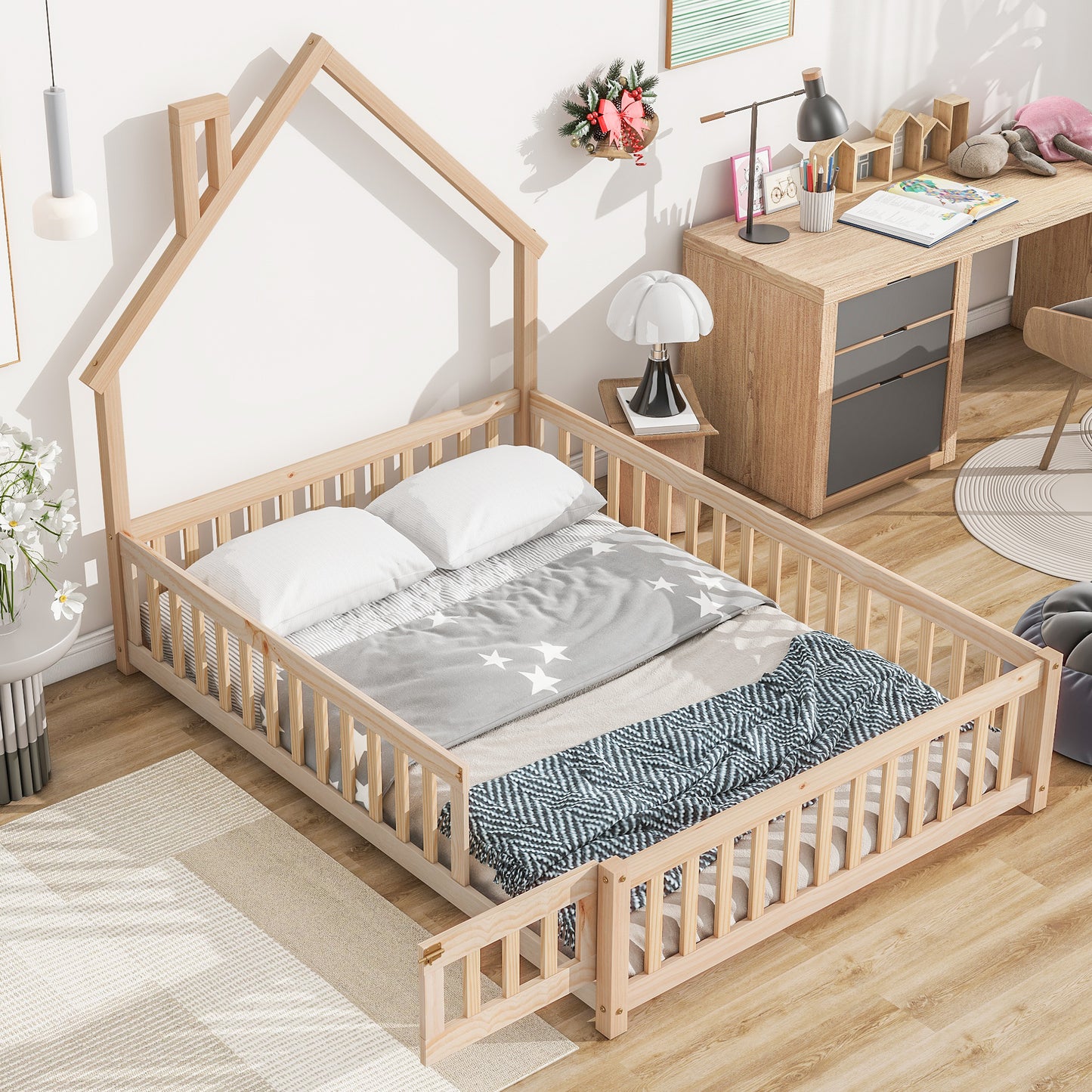 Full House-Shaped Headboard Floor Bed with Fence,Natural