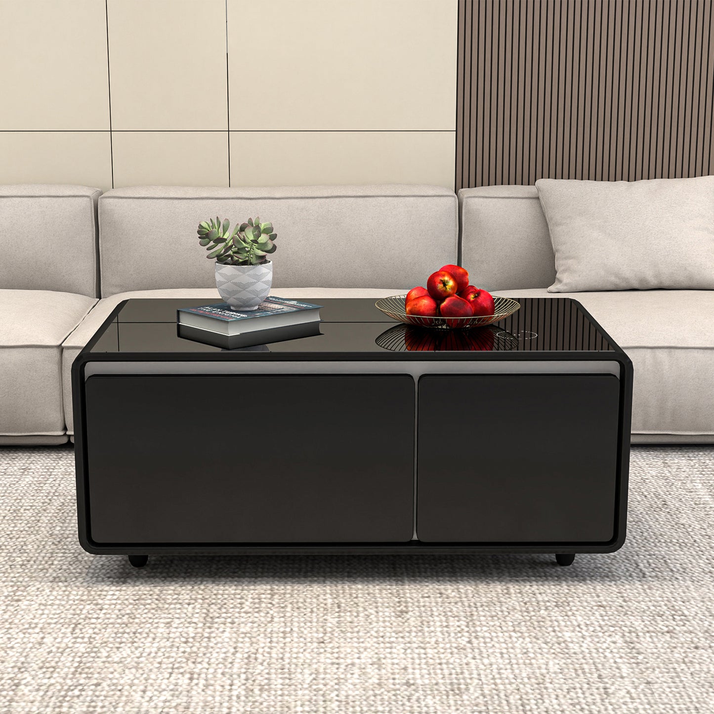 Black Smart Coffee Table with Refrigerated Storage, Wireless Charging, and Power Outlets