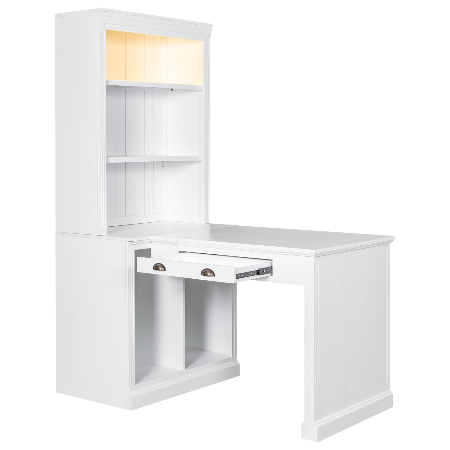 Modern White 83.4 Bookshelf and Writing Desk Suite with LED Lighting and Drawers