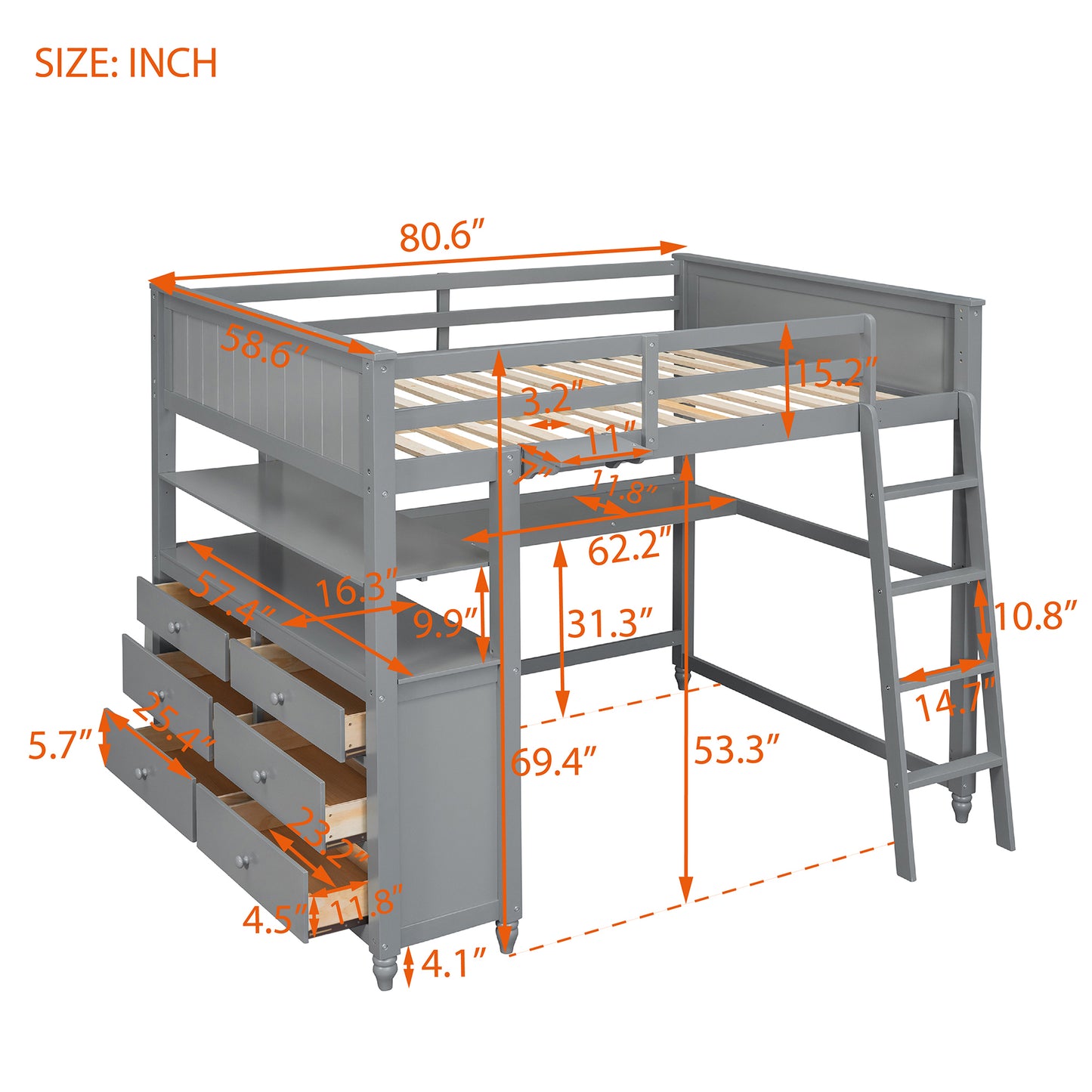 Full size Loft Bed with Drawers and Desk, Wooden Loft Bed with Shelves - Gray