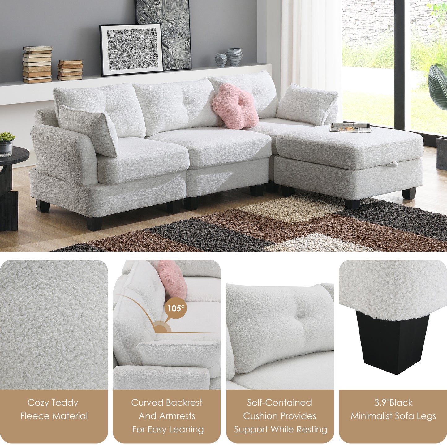 Luxurious Modern Teddy Velvet L-Shaped Sectional Sofa with Charging Ports and Storage Ottoman