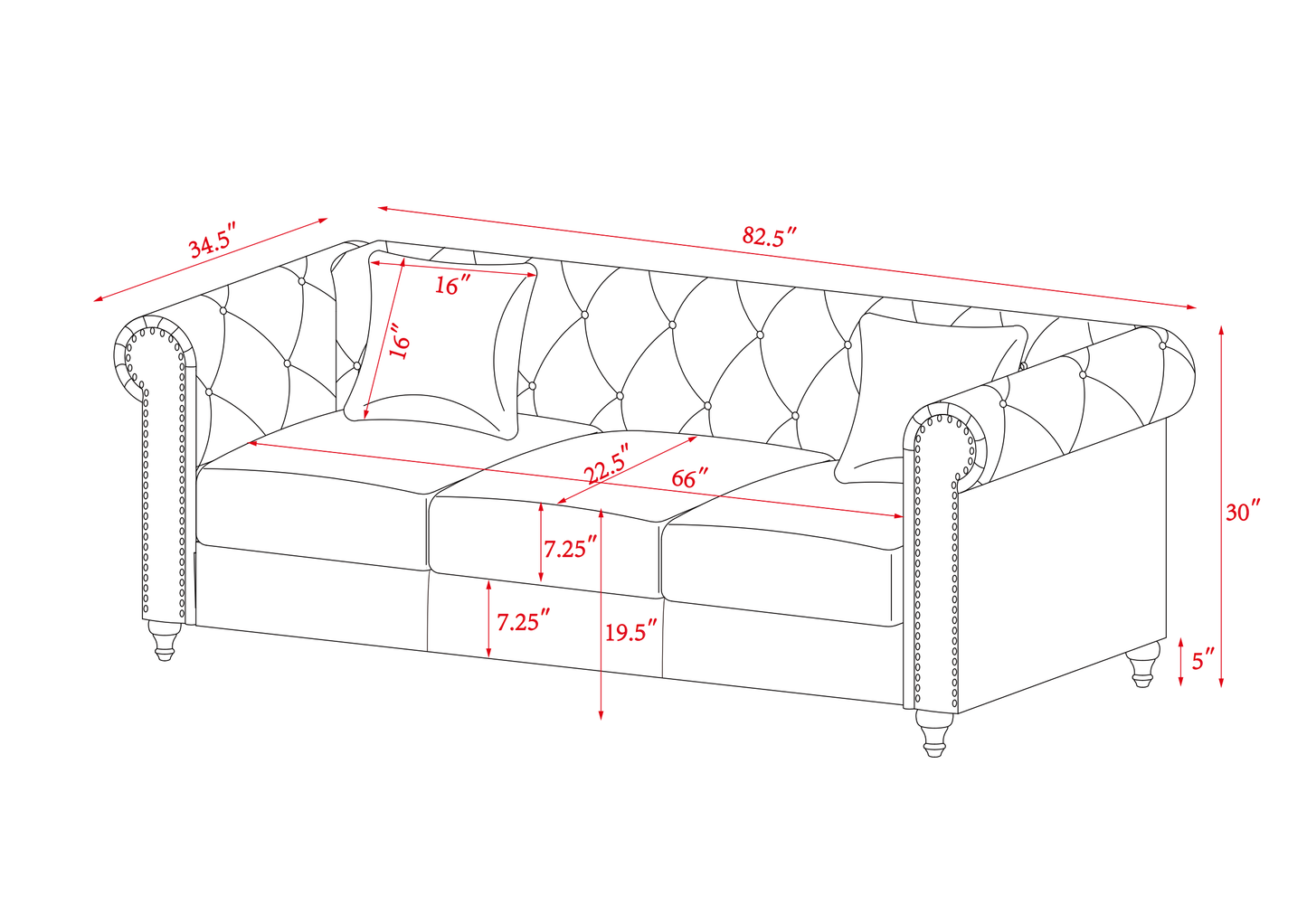 Button-Tufted 3-Seater Sofa with Copper Nail Accents