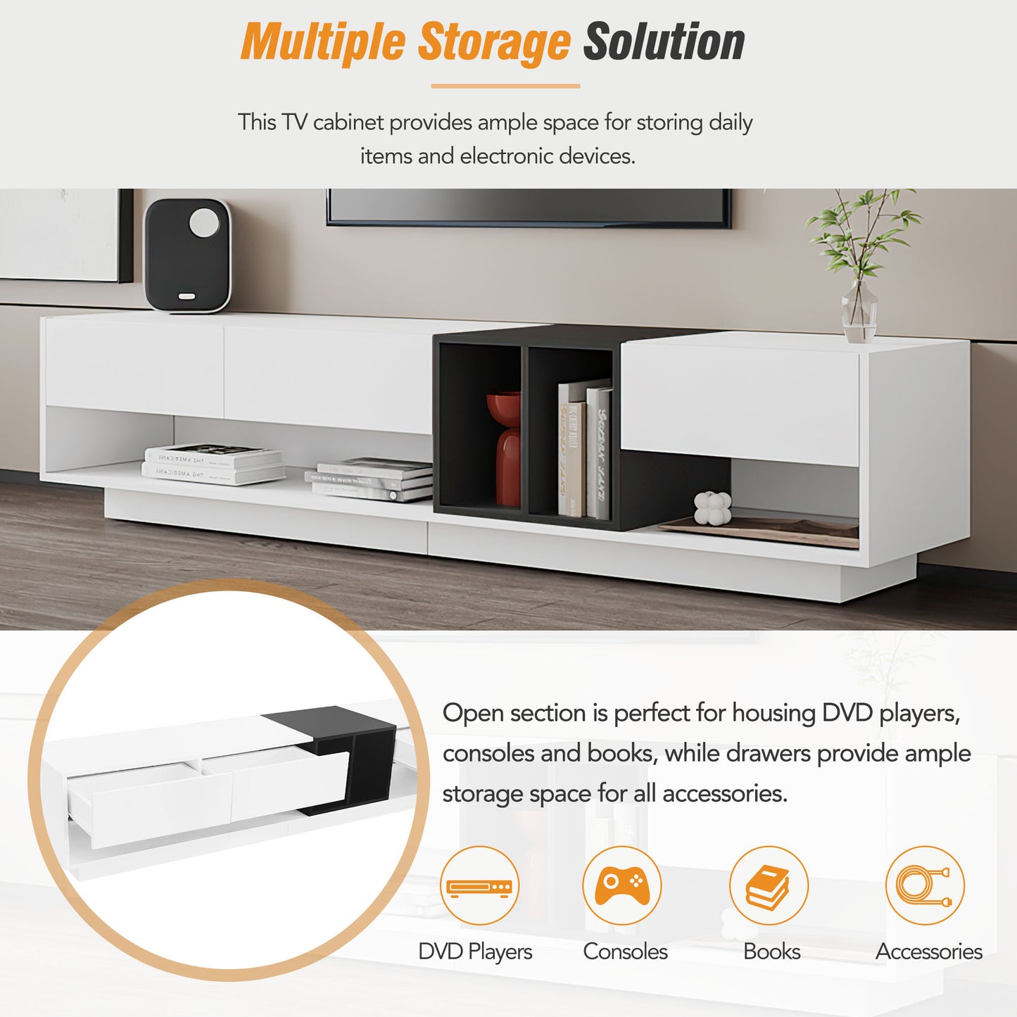 Elegant Two-Tone Media Console with Versatile Storage Solution for Living Room