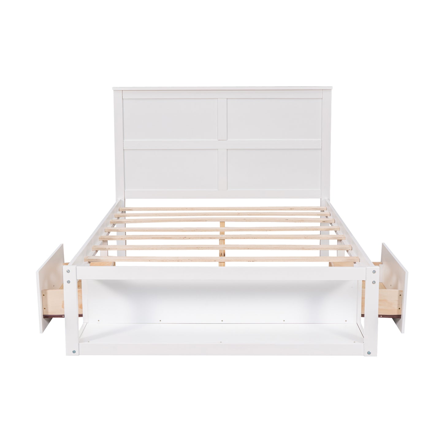 Full Size Platform Bed with Drawer on the Each Side and Shelf on the End of the Bed, White