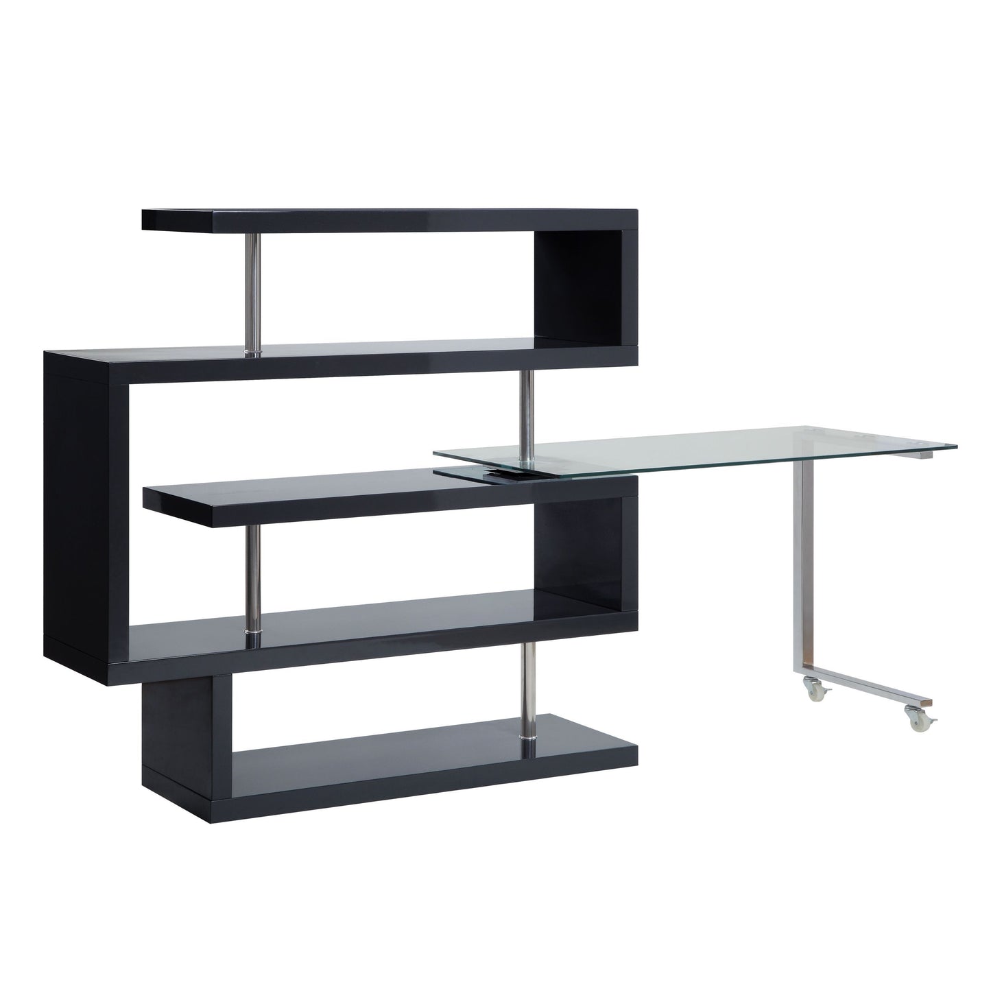 Modern Glass-Top Writing Desk with S-Shaped Shelf, Black and Chrome Finish