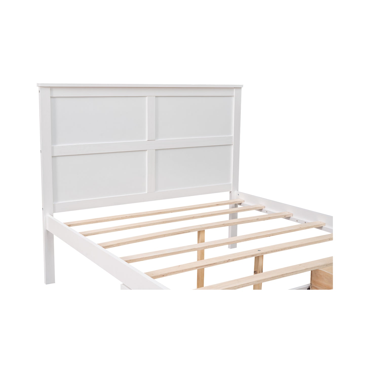 Full Size Platform Bed with Drawer on the Each Side and Shelf on the End of the Bed, White