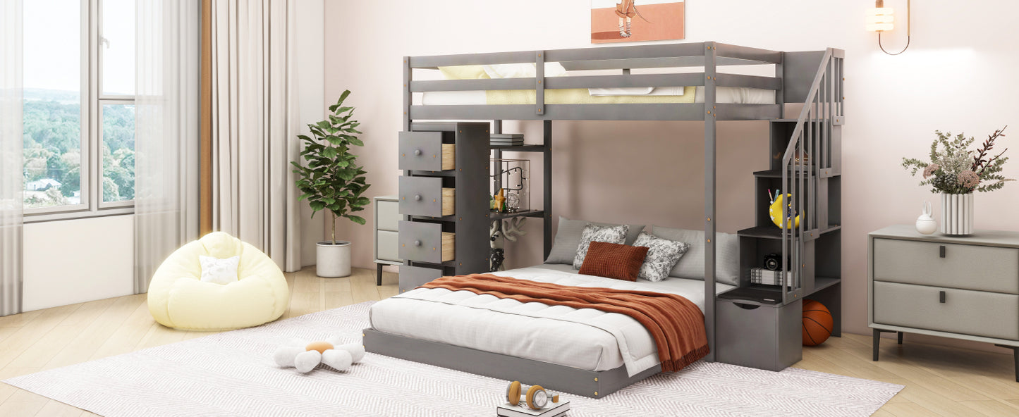 Space-Saving Gray Bunk Bed with Storage Stairs and Versatile Features