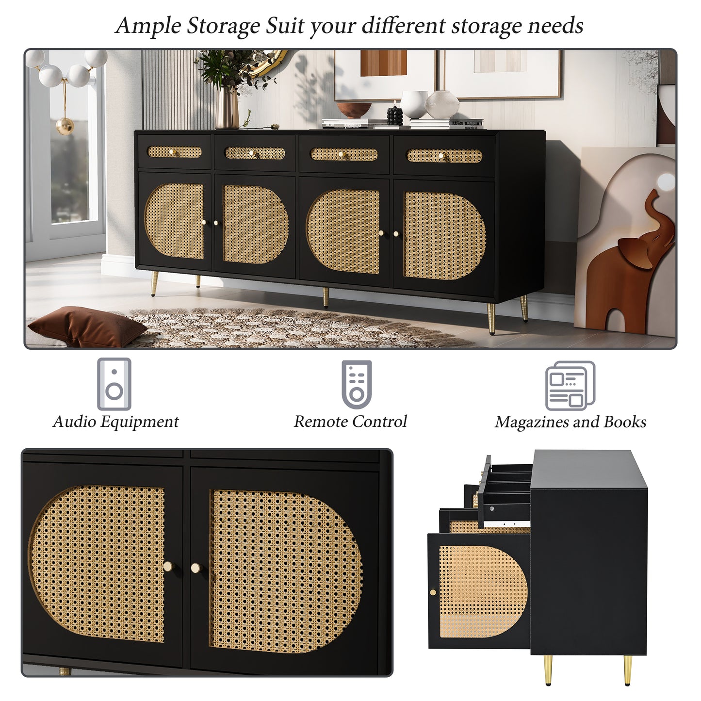 Rattan Door TV Stand with Adjustable Shelves for TVs up to 65