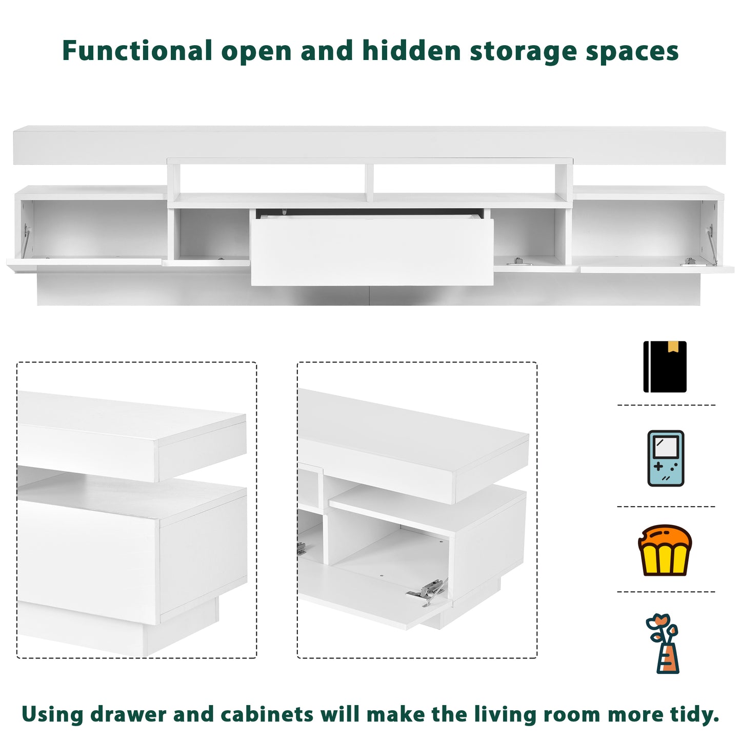 Sleek White TV Stand with Multi-Color LED Lights and Storage for 75 Inch TV