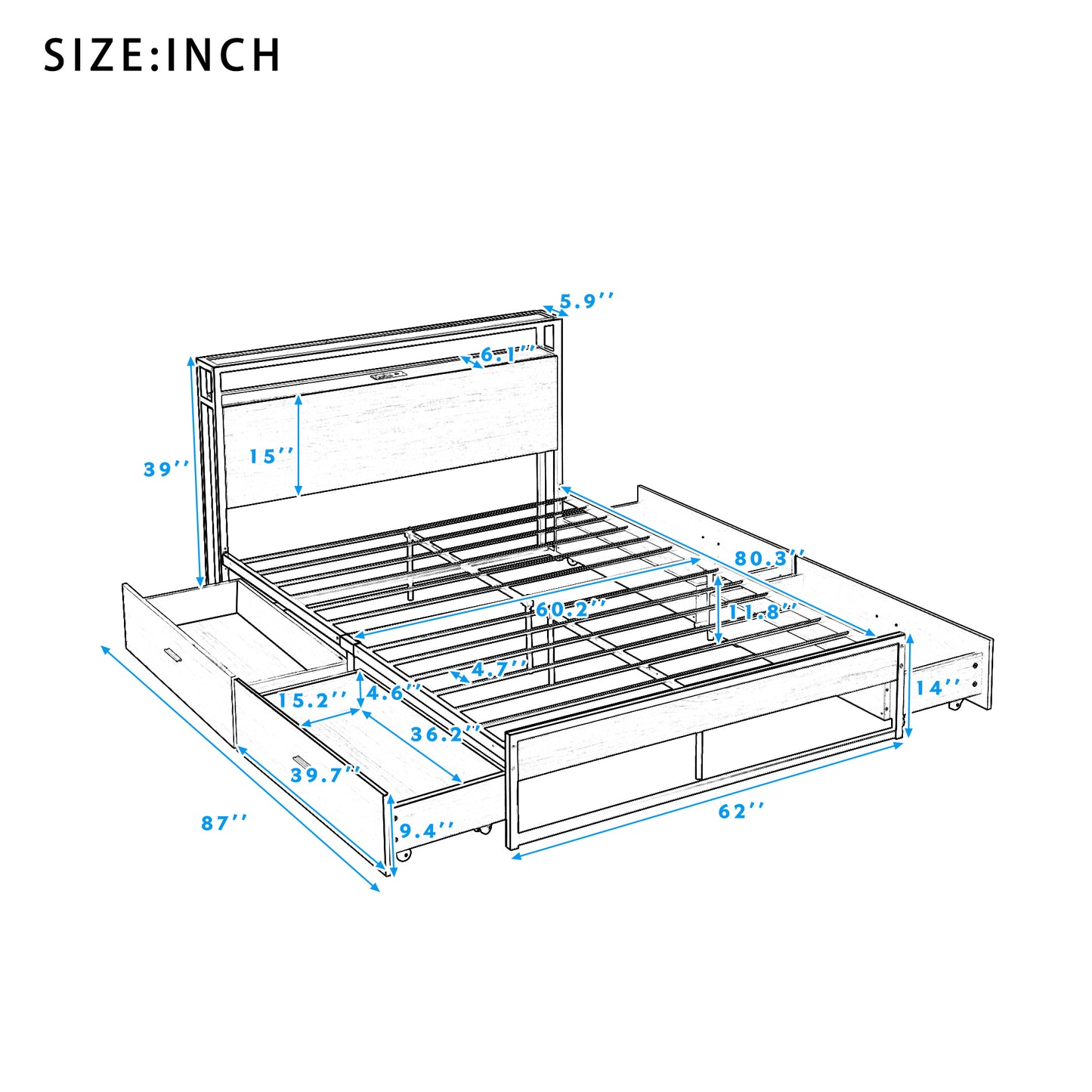 Queen Size Metal Platform Bed Frame with Four Drawers,Sockets and USB Ports ,Slat Support No Box Spring Needed White