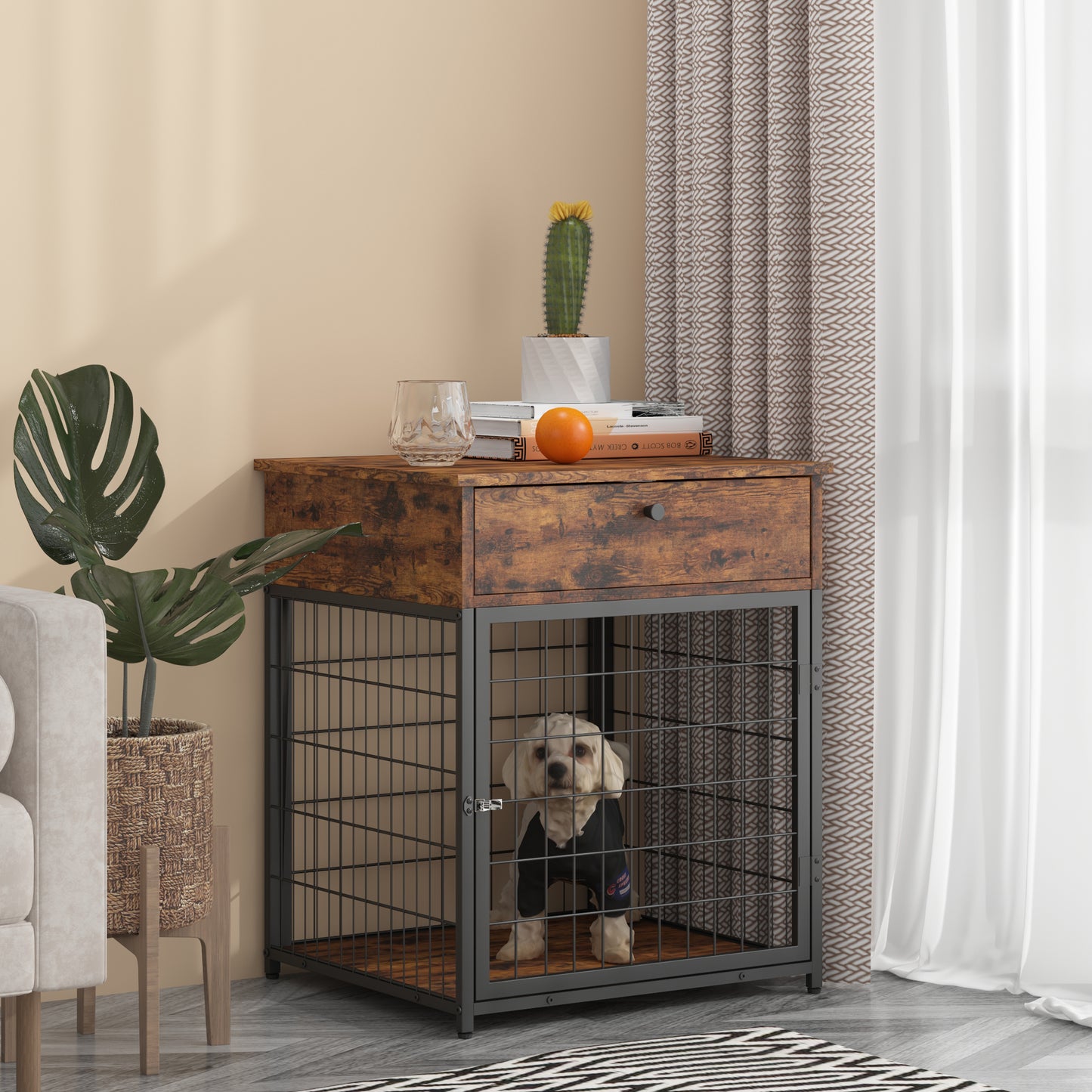 Furniture Style Wood Dog Crate End Table with Storage Console. Rustic Brown,19.69'' W x 22.83'' D x 26.97'' H.