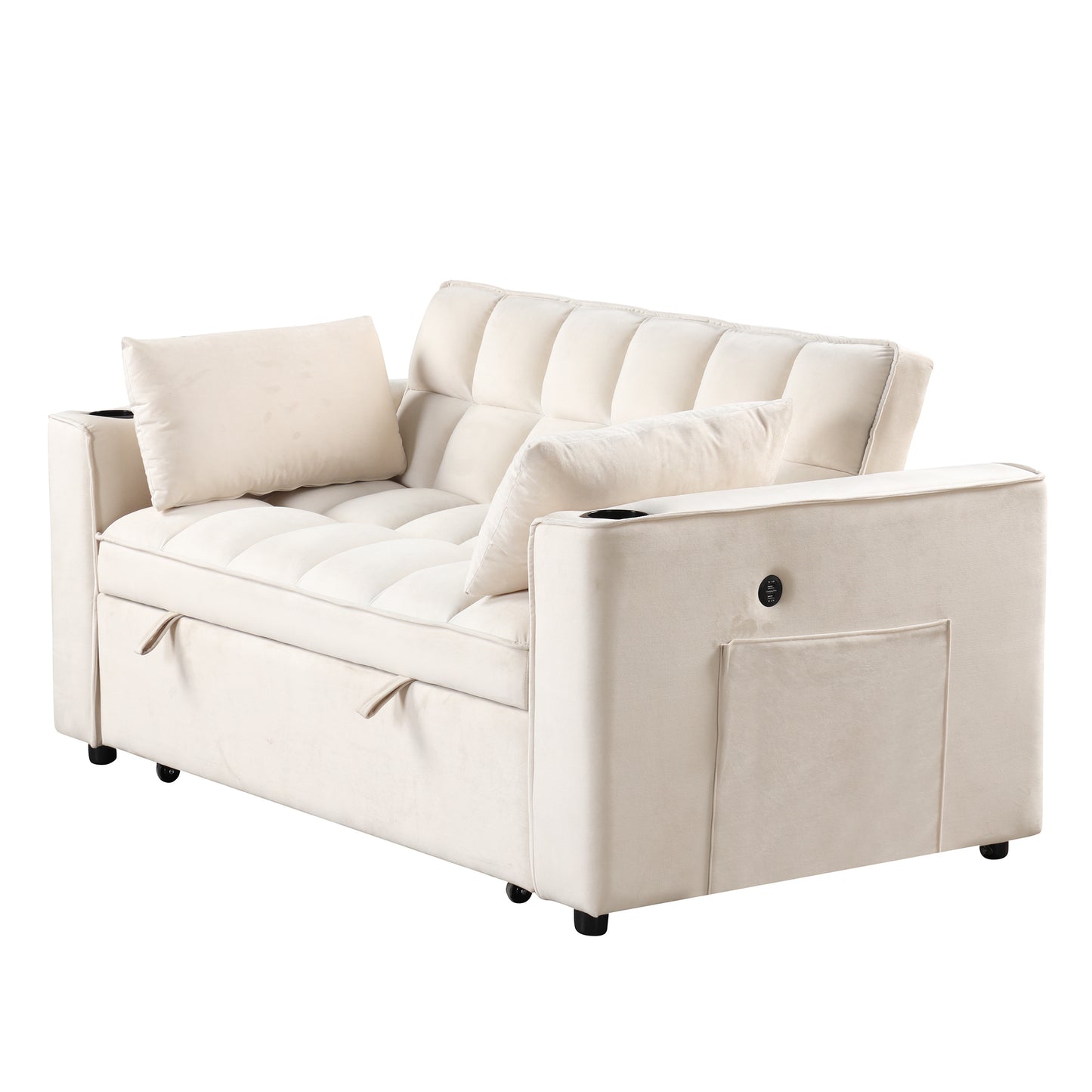 55.3 Multi-functional Sofa Bed with Cup Holder and USB Port for Living Room in Milky White