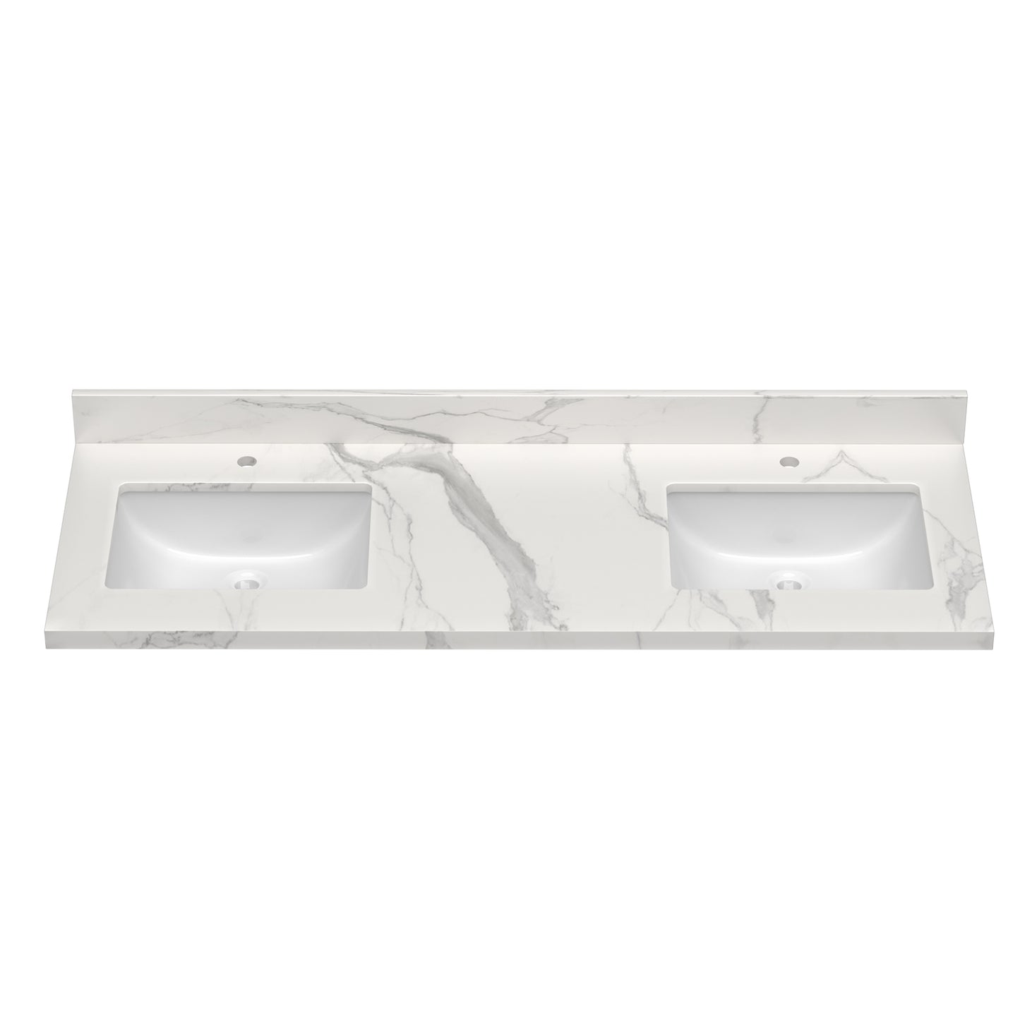 61x22 Inch Bathroom Vanity Top Engineered Quartz Stone with Double Rectangle Undermount Ceramic Sink and 2 Faucet Hole with Backsplash