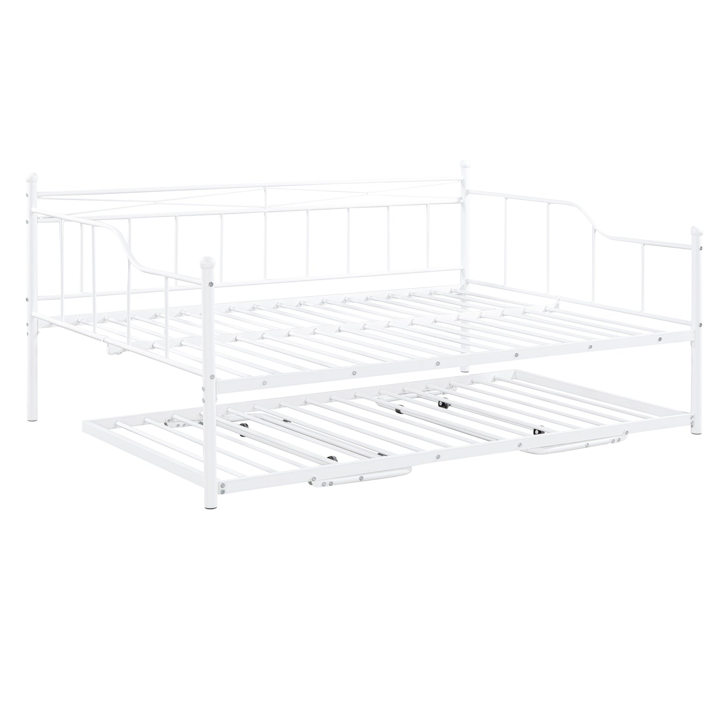 Full Size Metal Daybed with Twin Size Adjustable Trundle, Portable Folding Trundle, White