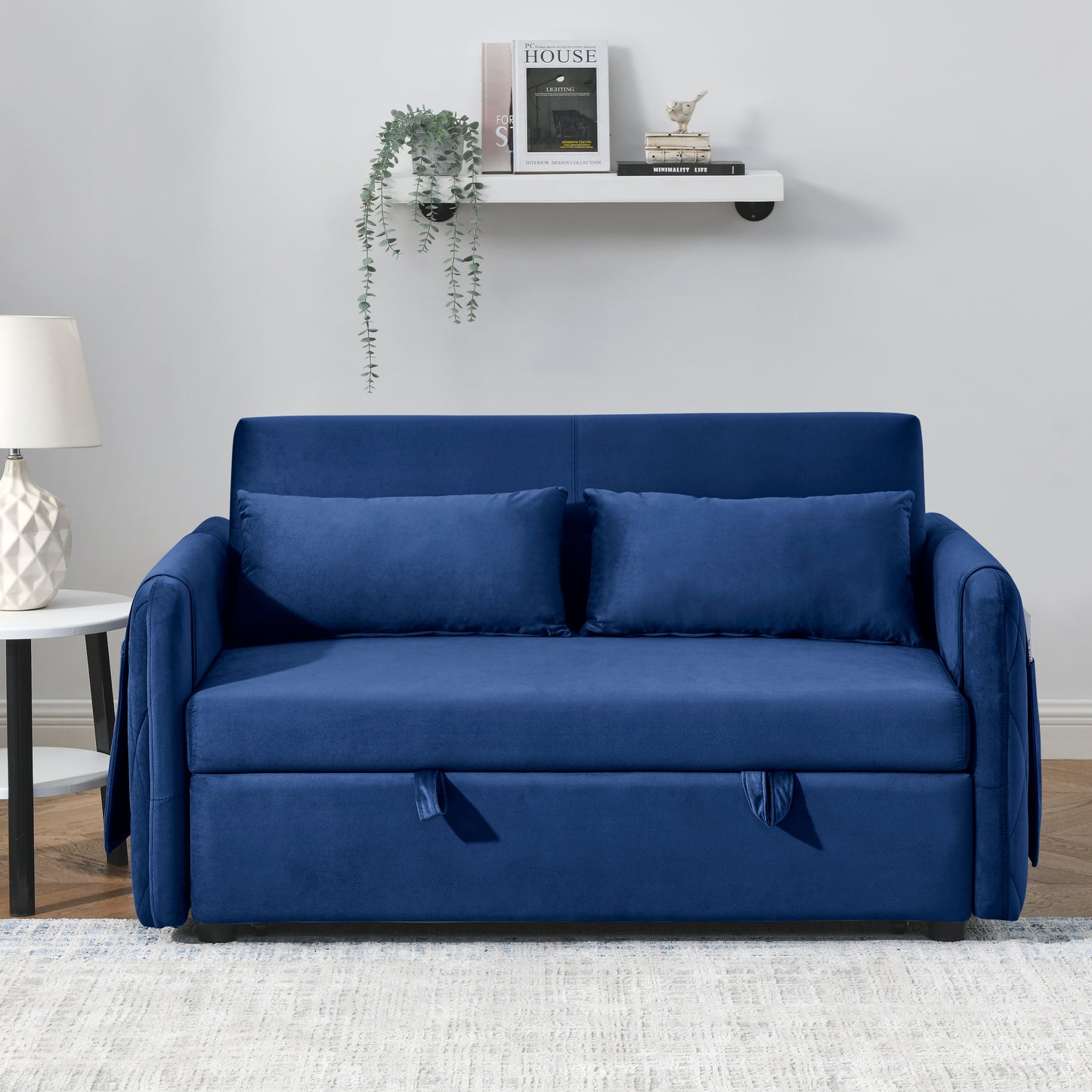 55 Convertible Velvet Sofa Bed with Adjustable Backrest and Storage Pockets