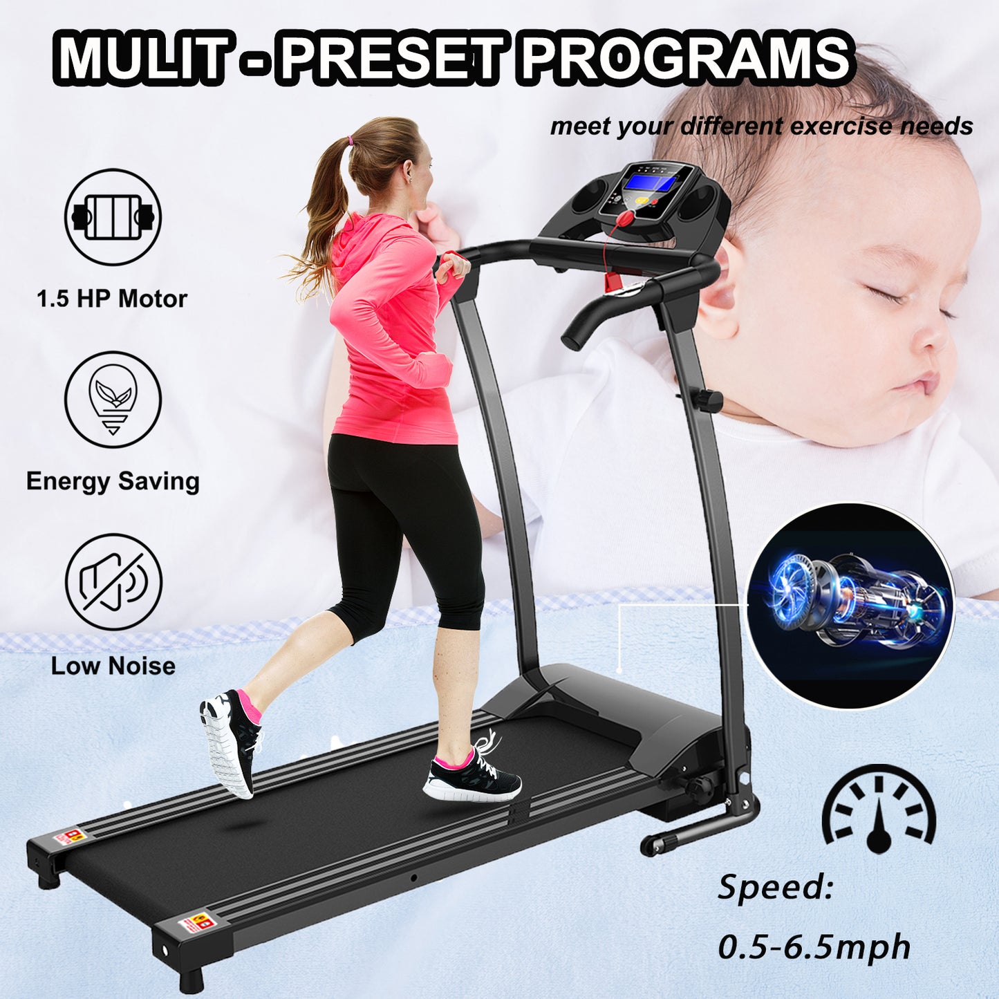 Folding Treadmills for Home, Foldable Electric Treadmill with LCD display, Lightweight Compact Treadmill Fitness Running Walking Jogging Exercise for Home Office Apartment Saver Space