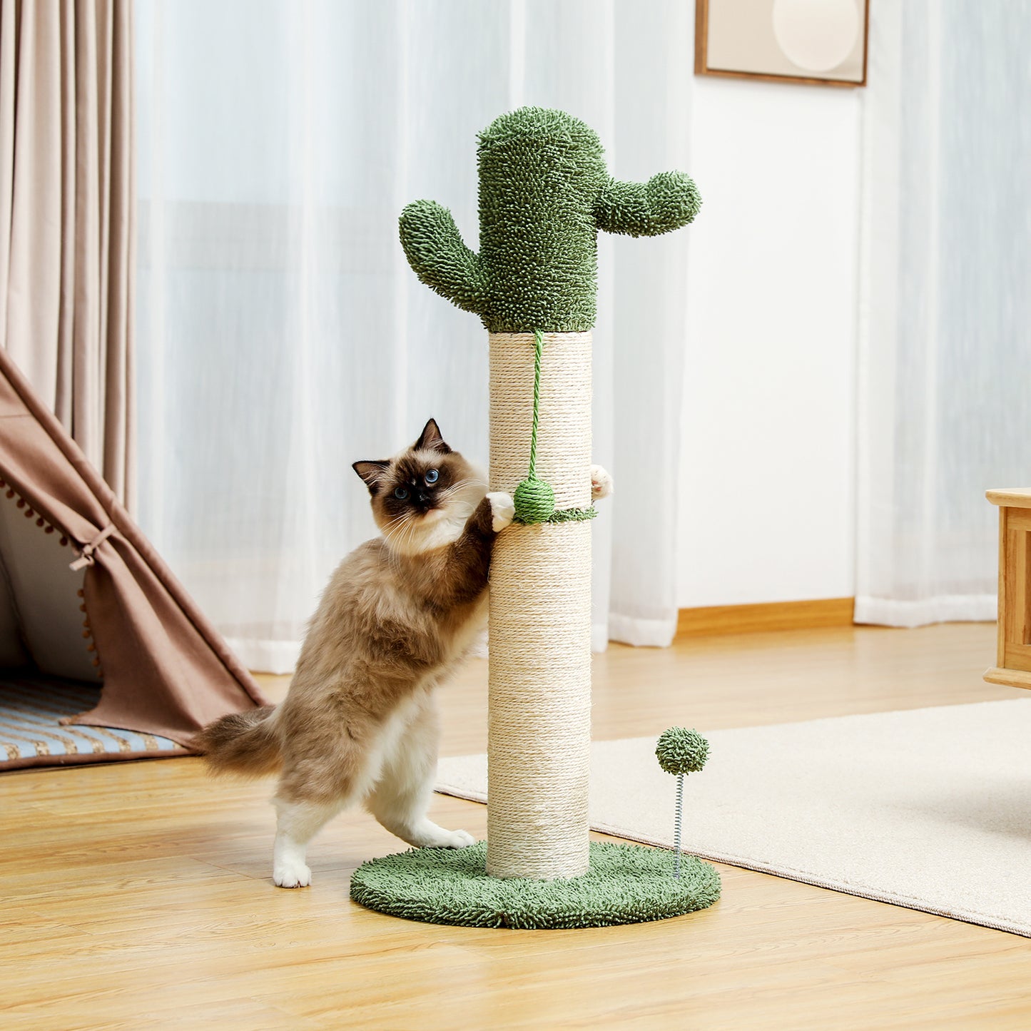 Large Cactus Cat Scratching Post with Natural Sisal Ropes, Cat Scratcher for Cats and Kittens White