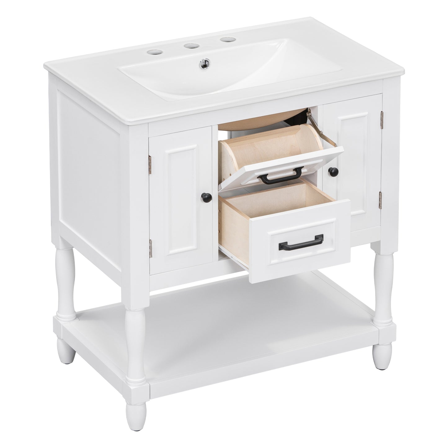 30" Bathroom Vanity with Sink Top, Bathroom Vanity Cabinet with Two Doors and Two Drawers, Solid Wood Frame, One Package, White