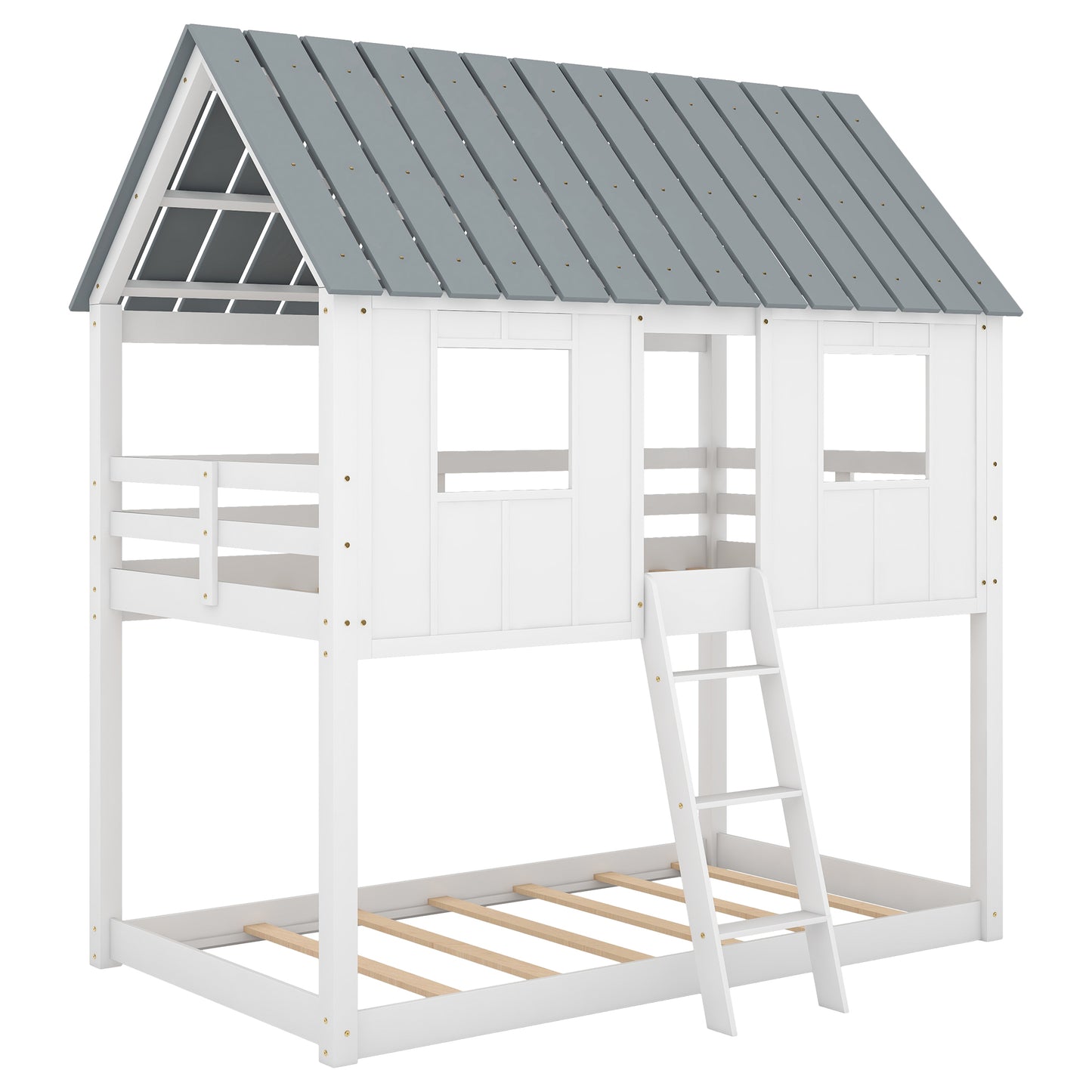 Barnyard Style White Twin Bunk Beds with Roof and Fence Guardrail