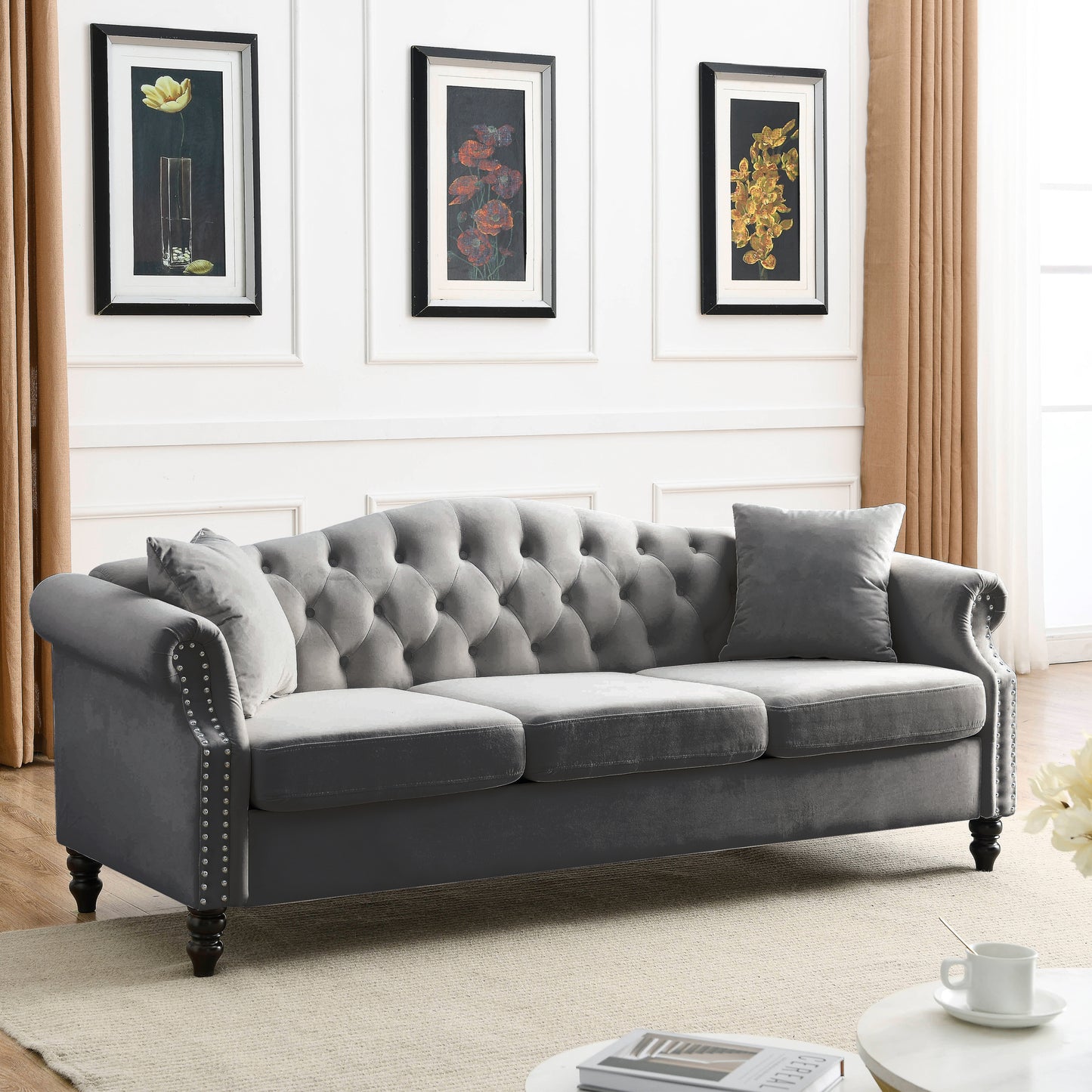 Grey Velvet Chesterfield 3-Seater Sofa Combination with Nailhead Trim