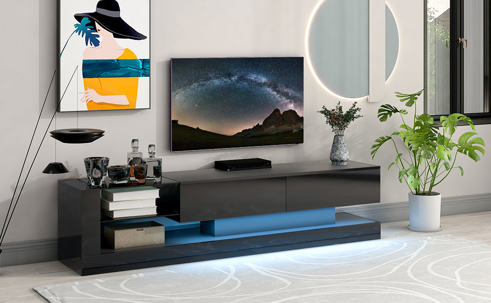 Sleek Black TV Stand with Multi-Colored RGB LED Lighting and Spacious Storage