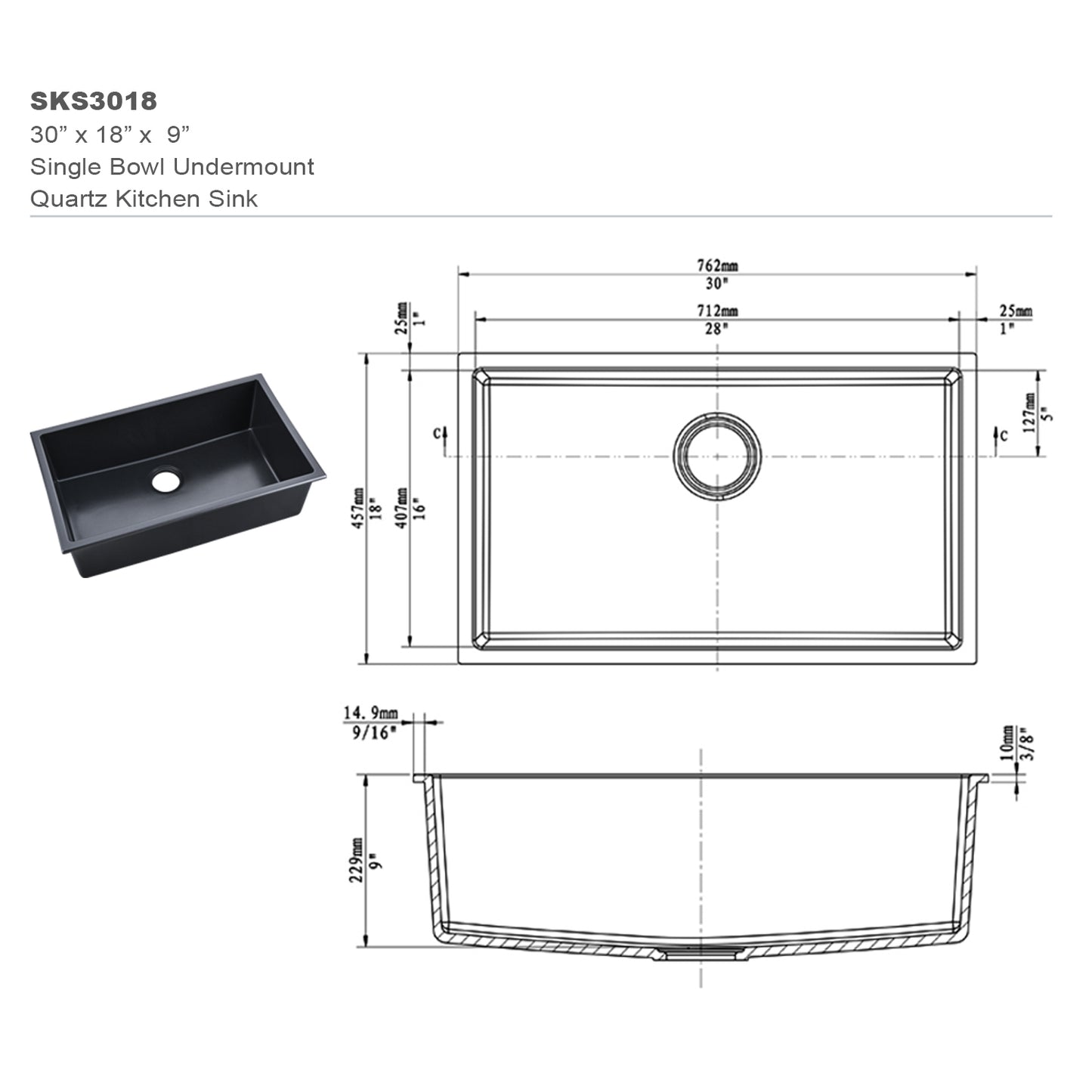 Single Basin Undermount Matte Black Quartz Kitchen Sink