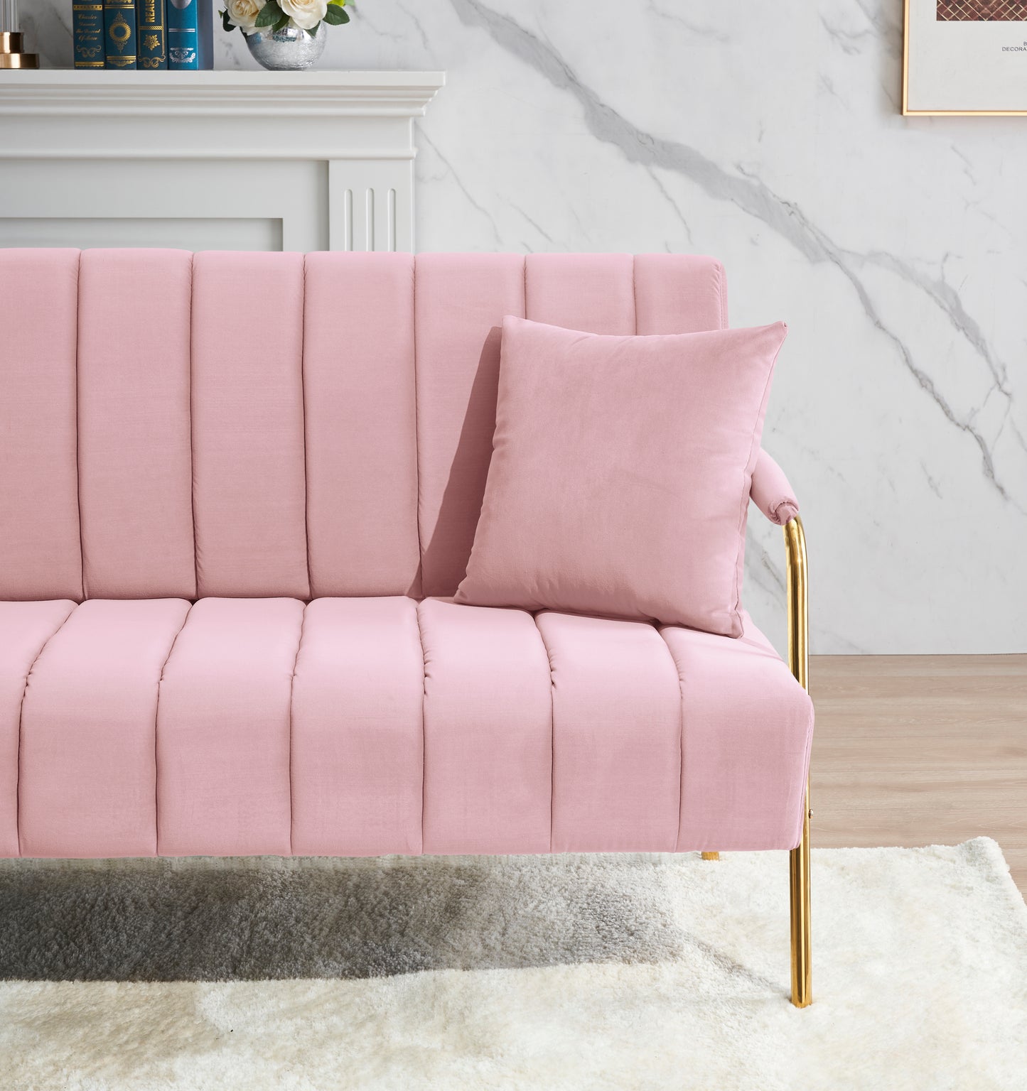 [New Design] Modern and comfortable pink Australian cashmere fabric sofa, comfortable loveseat with two throw pillows