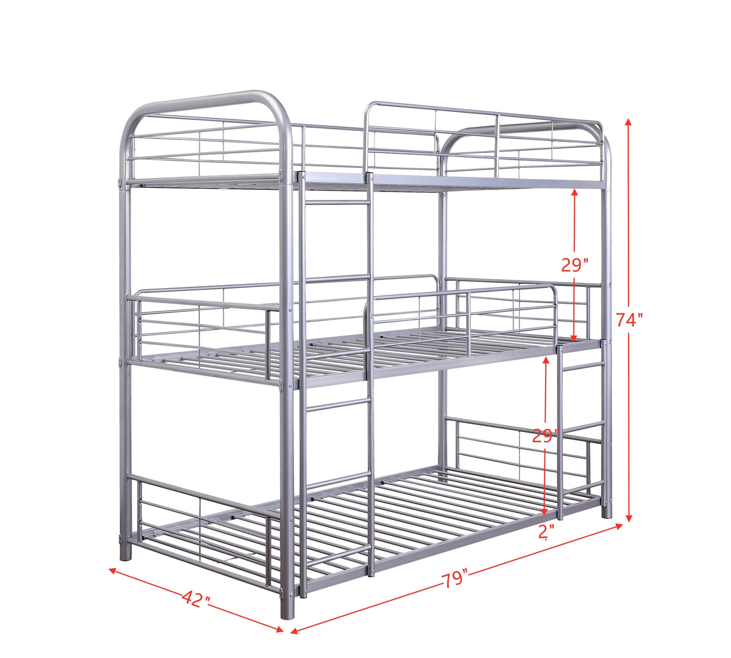 Triple Silver Cairo Bunk Bed - Twin Trio 38100 - Industrial Space-Saving Triple Twin Bunk Bed