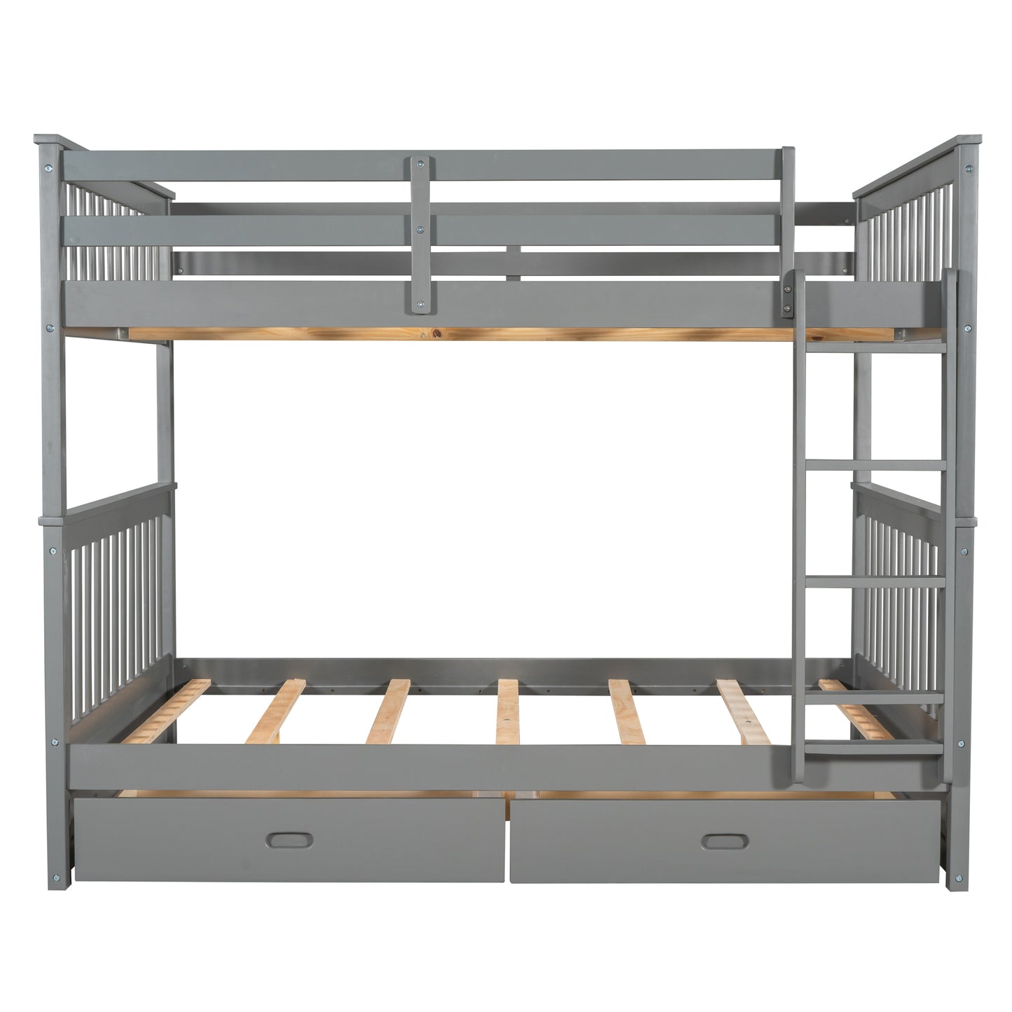 Gray Full-Over-Full Bunk Bed with Storage Drawers and Ladders