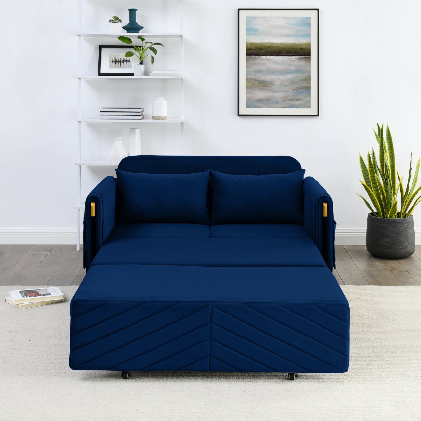 MH 54" Modern Convertible Sofa Bed with 2 Detachable Arm Pockets, Velvet Loveseat Multi-position adjustable Sofa with Pull Out Bed with Bedhead, 2 Pillows and Living Room, Blue