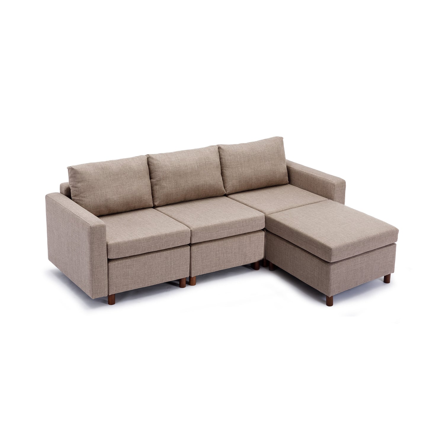 3-Seat Modular Sectional Sofa Set with Ottoman, High-Quality Linen Fabric, Brown