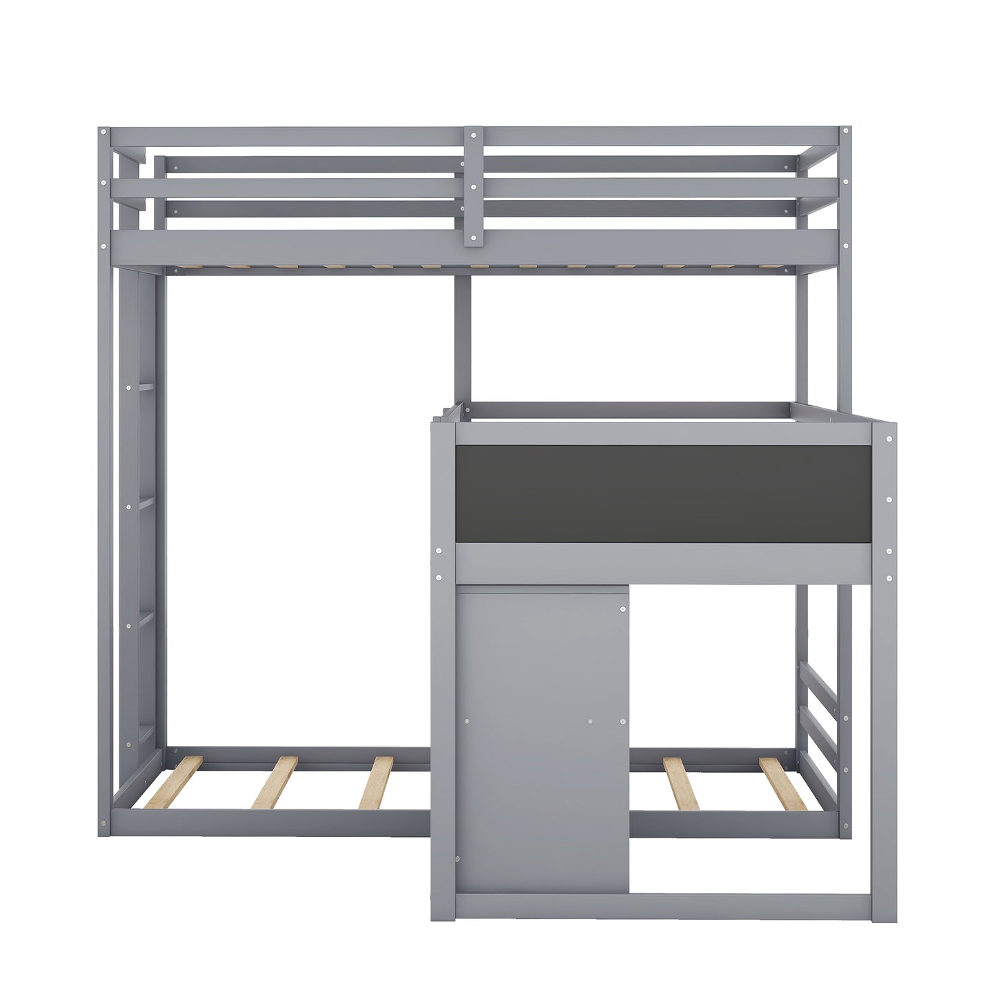 Gray L-shaped Triple Bunk Bed with Storage and Blackboard