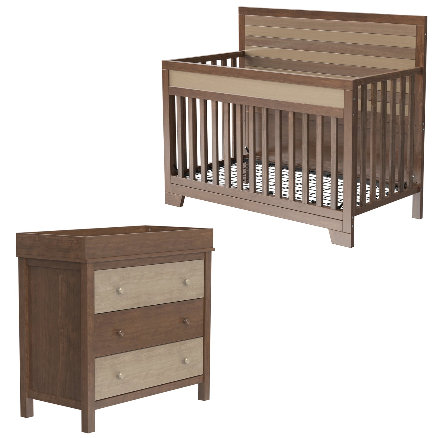 3 Pieces Nursery Sets Baby Crib and Changer Dreeser with Removable Changing Tray Bedroom Sets Brown