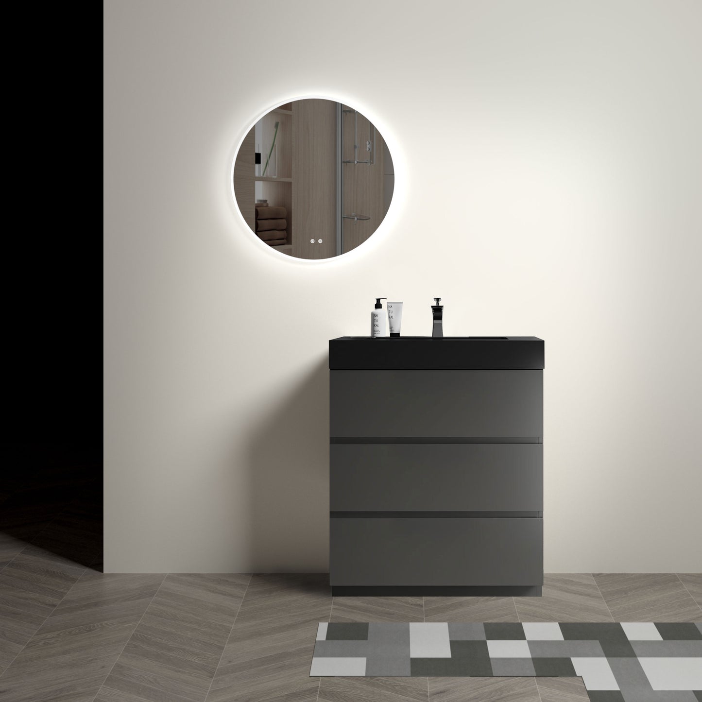 Alice 30" Gray Bathroom Vanity with Sink, Large Storage Freestanding Bathroom Vanity for Modern Bathroom, One-Piece Black Sink Basin without Drain and Faucet