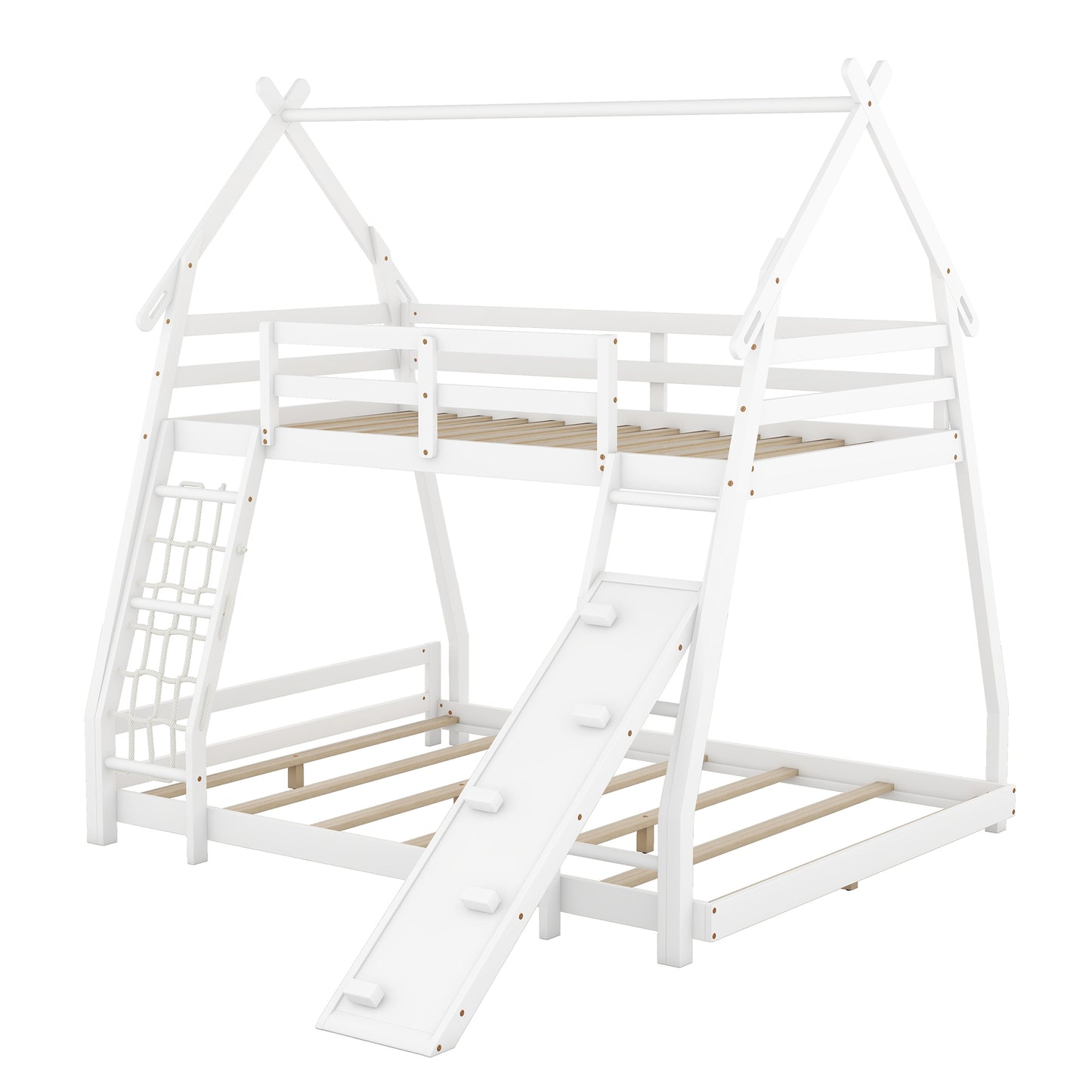 Twin and Queen Climbing House Bunk Bed with Nets and Ramp in White