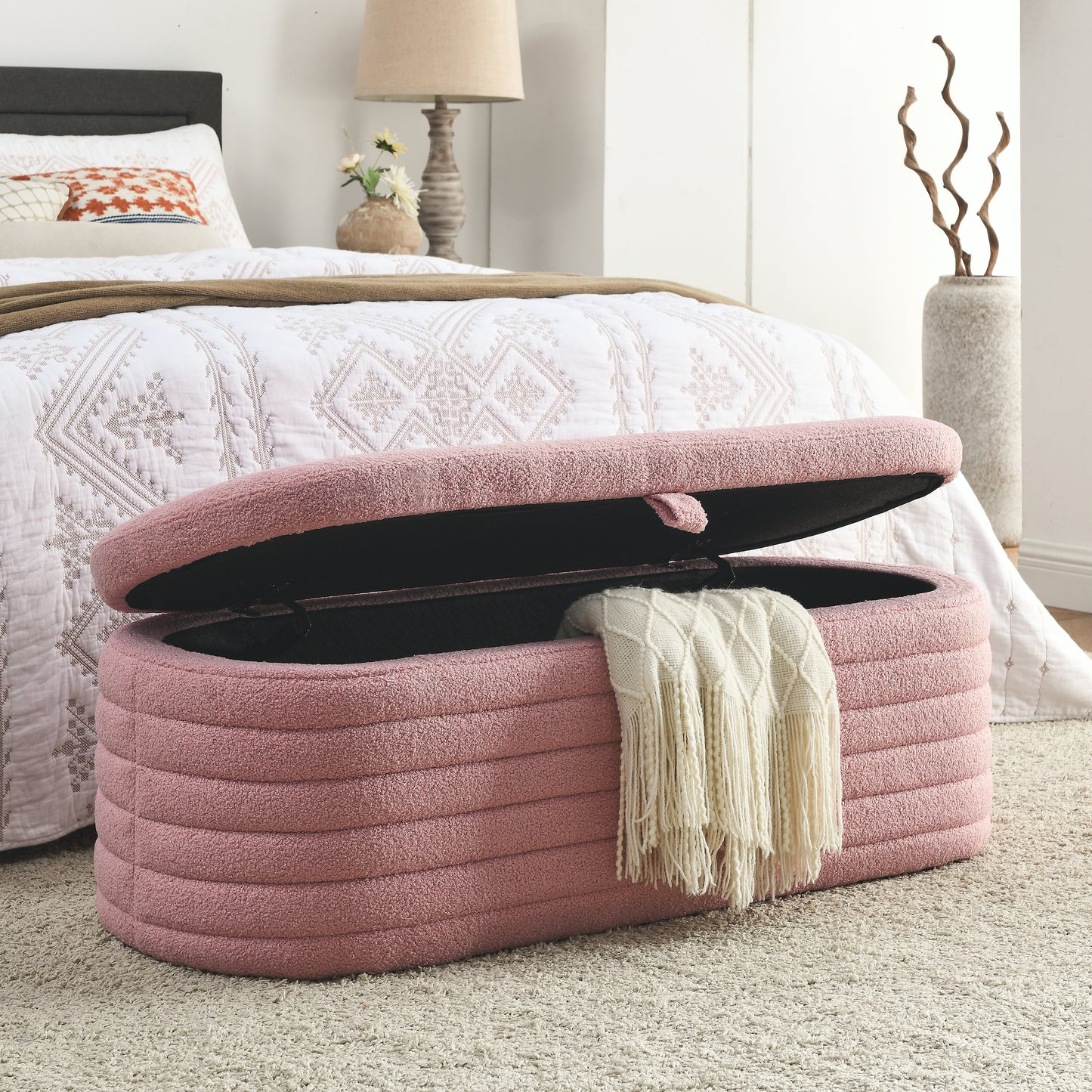 [Video] Welike Length 45.5 inchesStorage Ottoman Bench Upholstered Fabric Storage Bench End of Bed Stool with Safety Hinge for Bedroom, Living Room, Entryway, pink teddy.