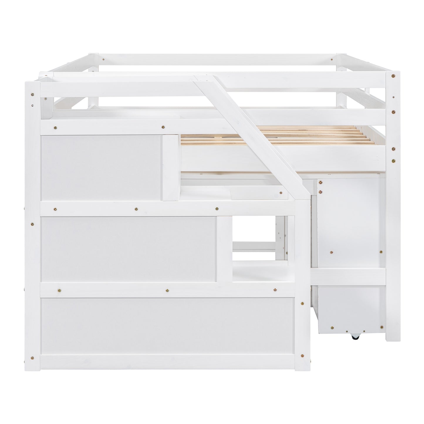 Full Size Loft Bed with Retractable Writing Desk and 3 Drawers, Wooden Loft Bed with Storage Stairs and Shelves, White