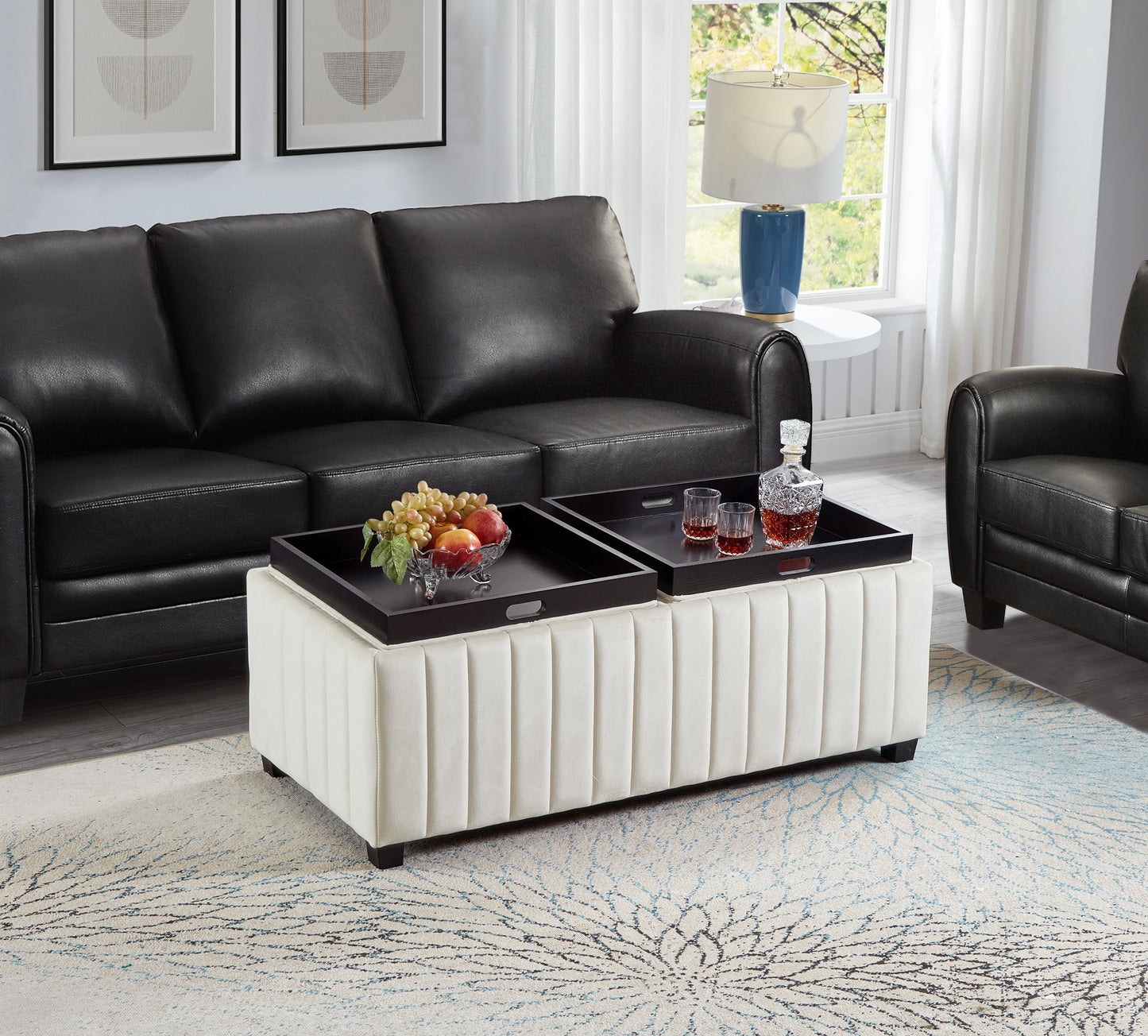 Contemporary Beige Velvet Storage Ottoman Bench with Coffee Tray and High-Density Sponge Fill