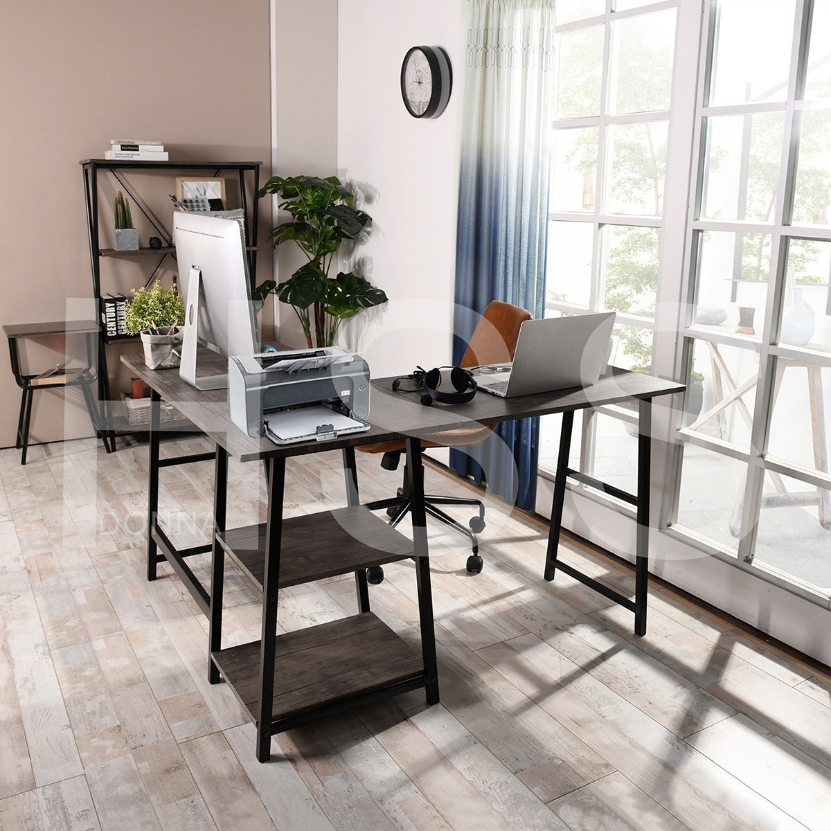 Rustic Vintage Brown L-Shaped Industrial Computer Desk with Open Shelves