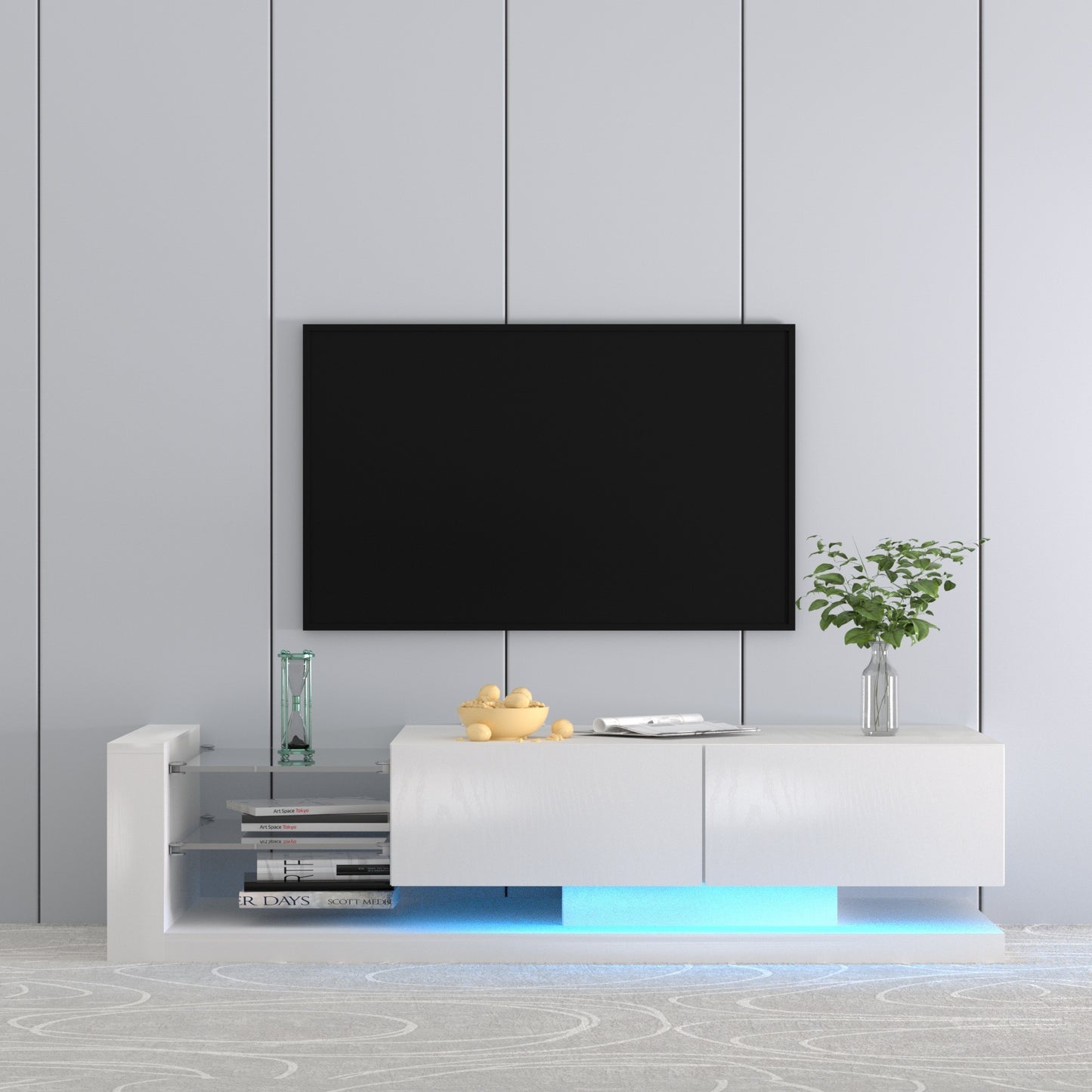 Ivory TV Stand with Color-Changing LED Lights and Ample Storage for 75-inch TVs