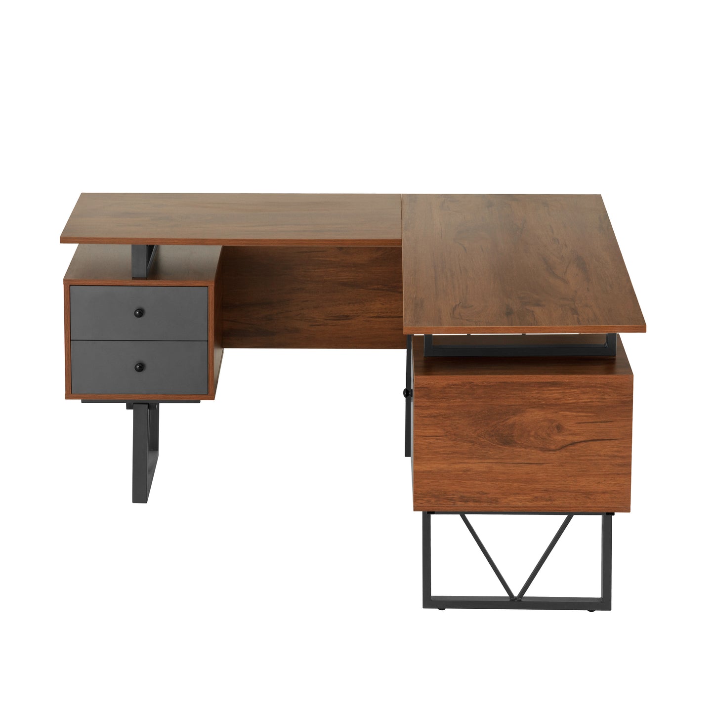 L-Shaped Computer Desk with Walnut Finish, File Cabinet, and Reversible Panels - Contemporary Industrial Design