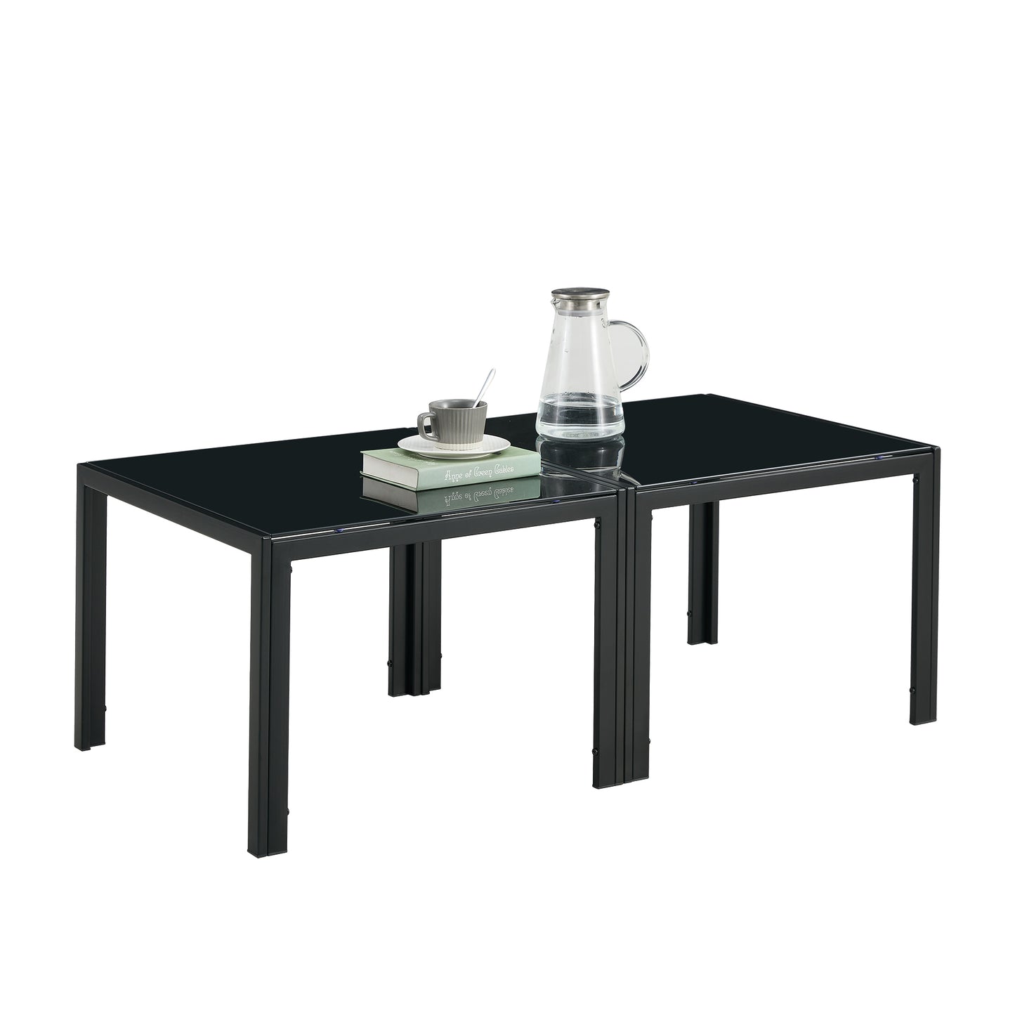 Modern Black Tempered Glass Coffee Table Set of 2 for Living Room