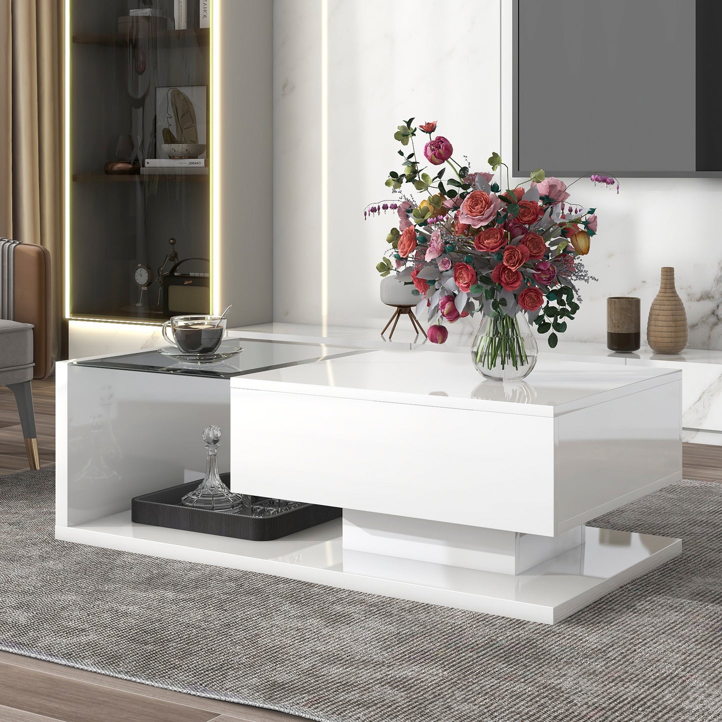 Contemporary White Coffee Table with Glass Top and High-Gloss Finish