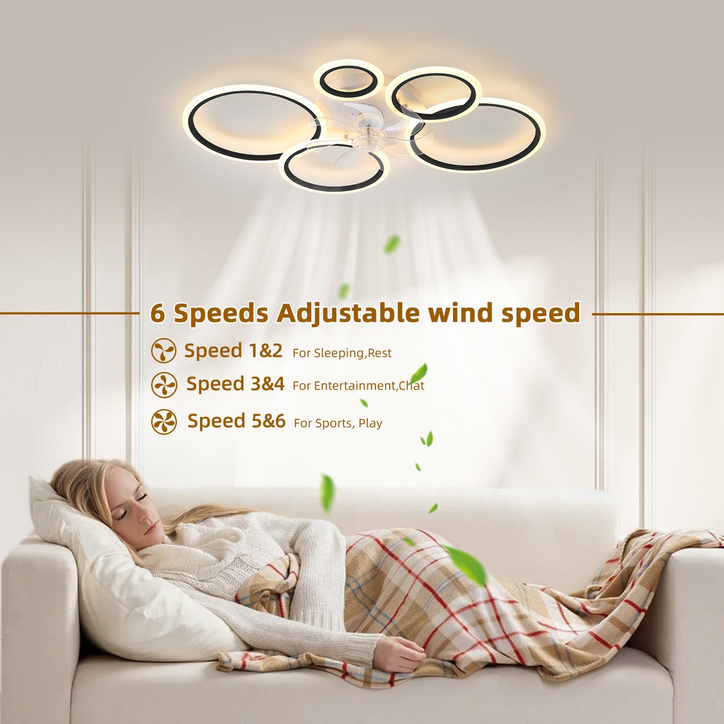 39-Inch Modern Black Ceiling Fan with Remote, APP Control, and Dimmable Light