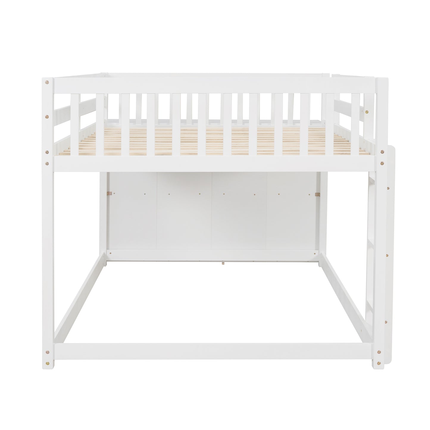 White Full over Full Bunk Bed with Storage, Shelves, and Drawers