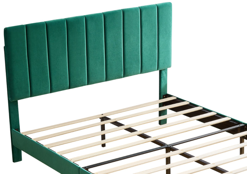 Queen Size Platform Bed with Upholstered Headboard and Slat Support, Heavy Duty Mattress Foundation, No Box Spring Required, Easy to Assemble, Green