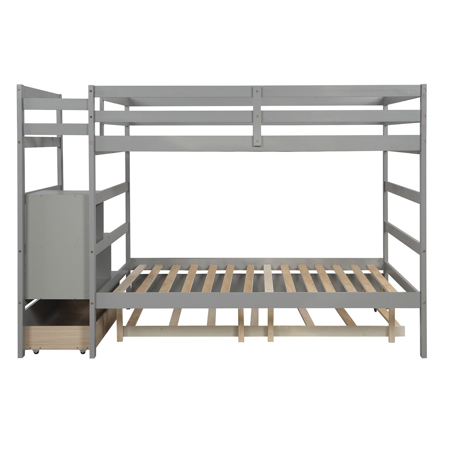 Stairway Full-Over-Full Bunk Bed with Twin Size Trundle and Drawer in Gray