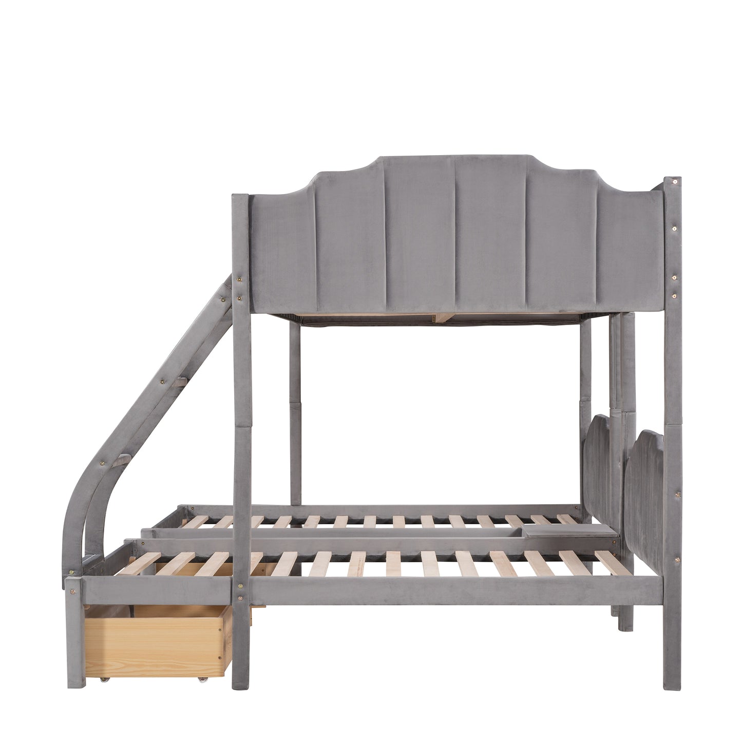 Gray Velvet Triple Bunk Bed with Full Over Twin & Twin, Drawers, Guardrails, and Space-Saving Design