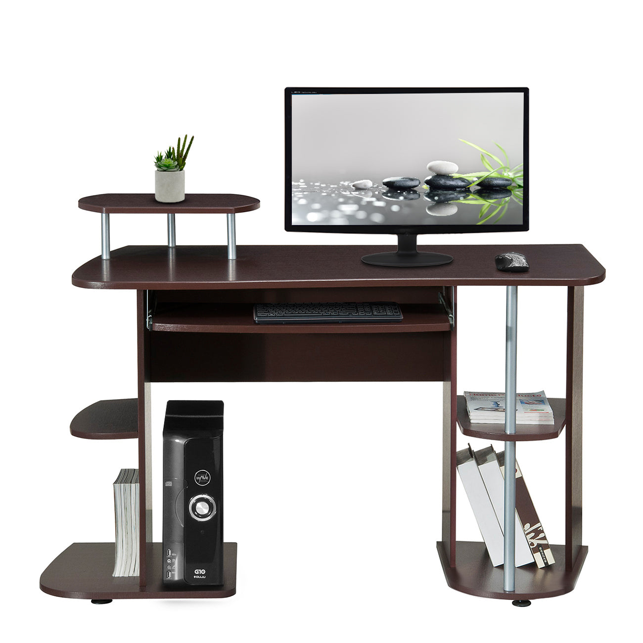 Chocolate Finish Complete Computer Workstation Desk with Abundant Storage