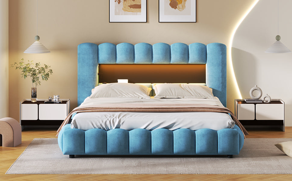 Queen Size Upholstered Platform Bed with LED Headboard and USB, Blue